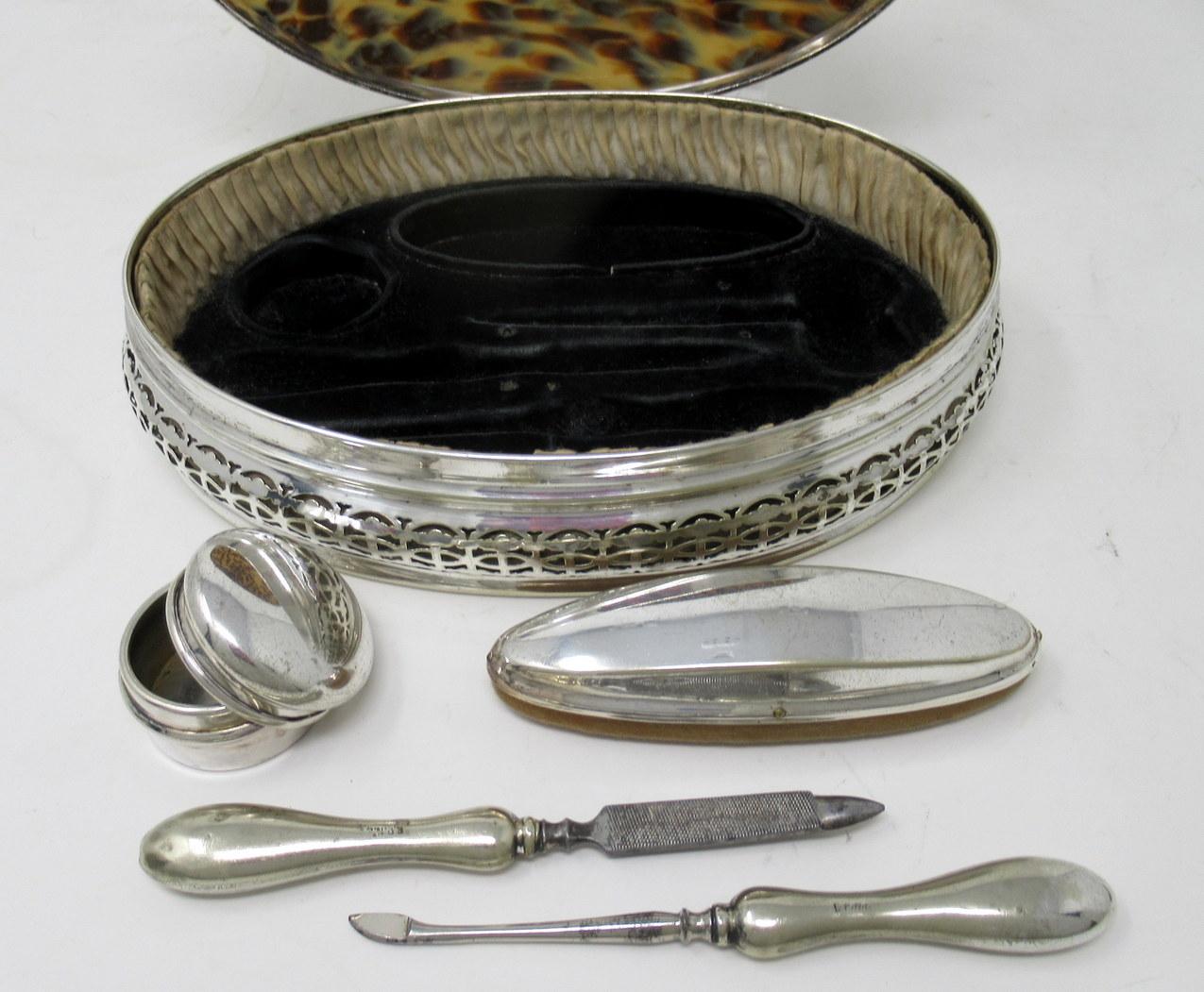 19th Century Antique Silverplated Faux Tortoiseshell Ladys Toiletries Vanity Grooming Set 19C