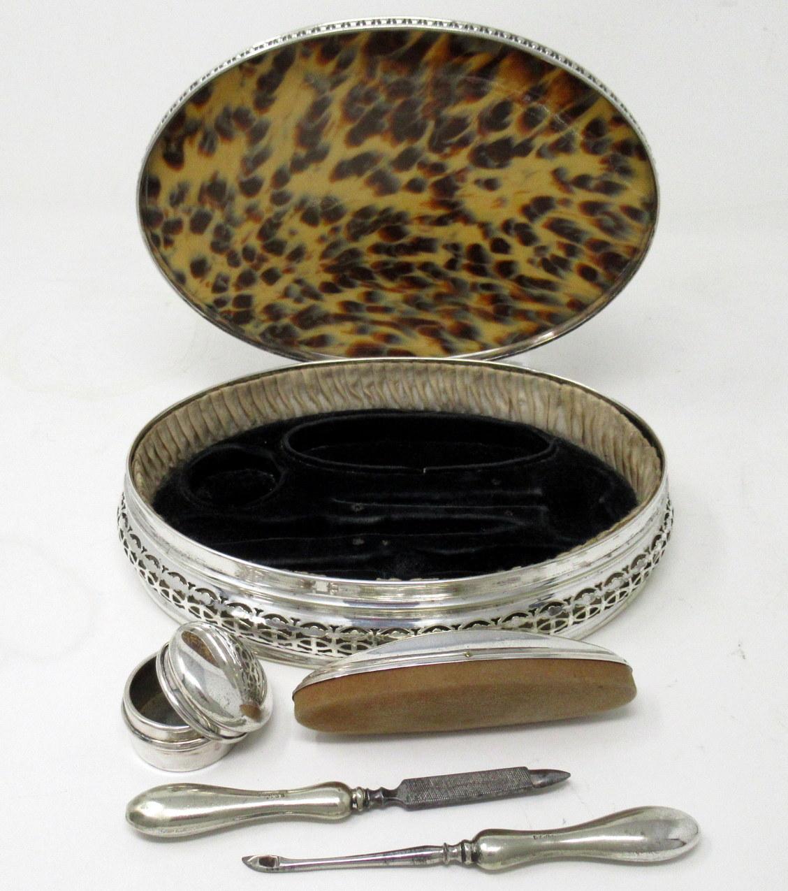 Silver Plate Antique Silverplated Faux Tortoiseshell Ladys Toiletries Vanity Grooming Set 19C