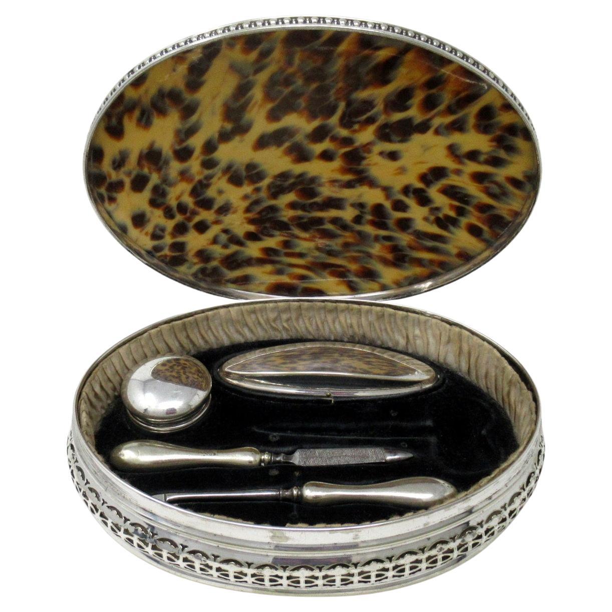 Antique Silverplated Faux Tortoiseshell Ladys Toiletries Vanity Grooming Set 19C