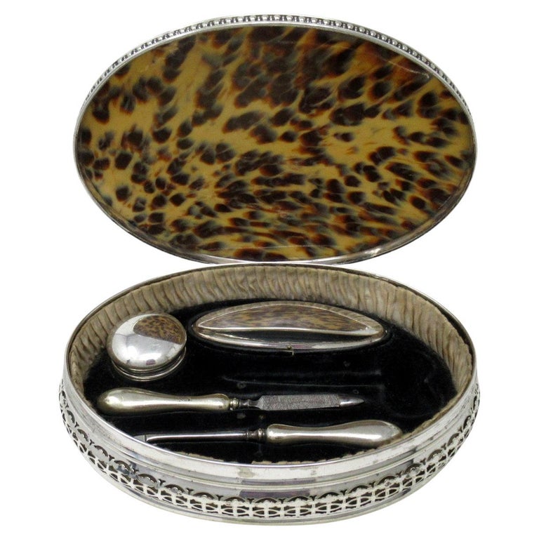 Antique Silverplated Faux Tortoiseshell Ladys Toiletries Vanity ...