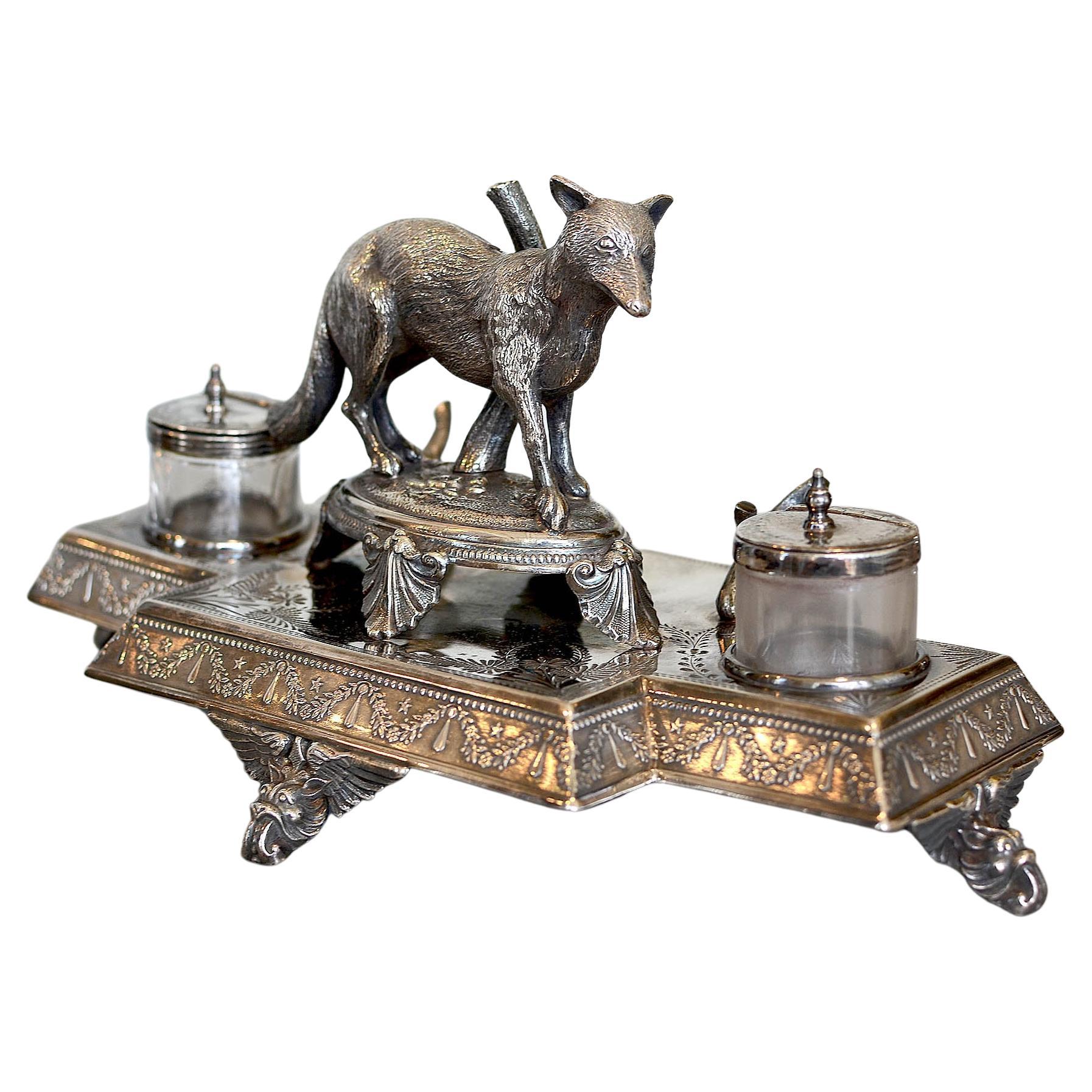 Antique Silverplated Fox-themed Inkwell by James Deakin & Sons, England For Sale