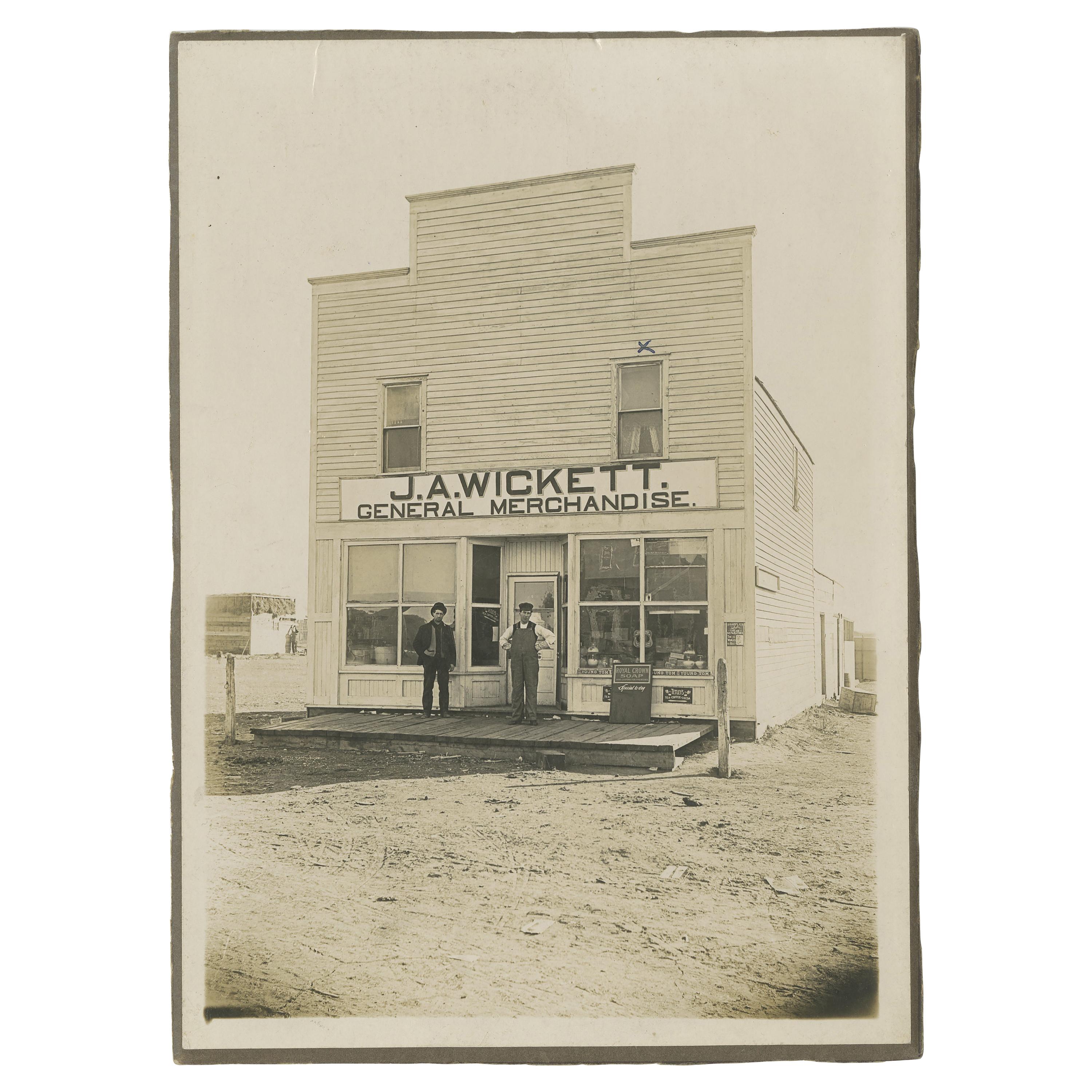 Antique Silverprint of Two Men in Front of Merchandise Store 'J.A. Wickett' For Sale
