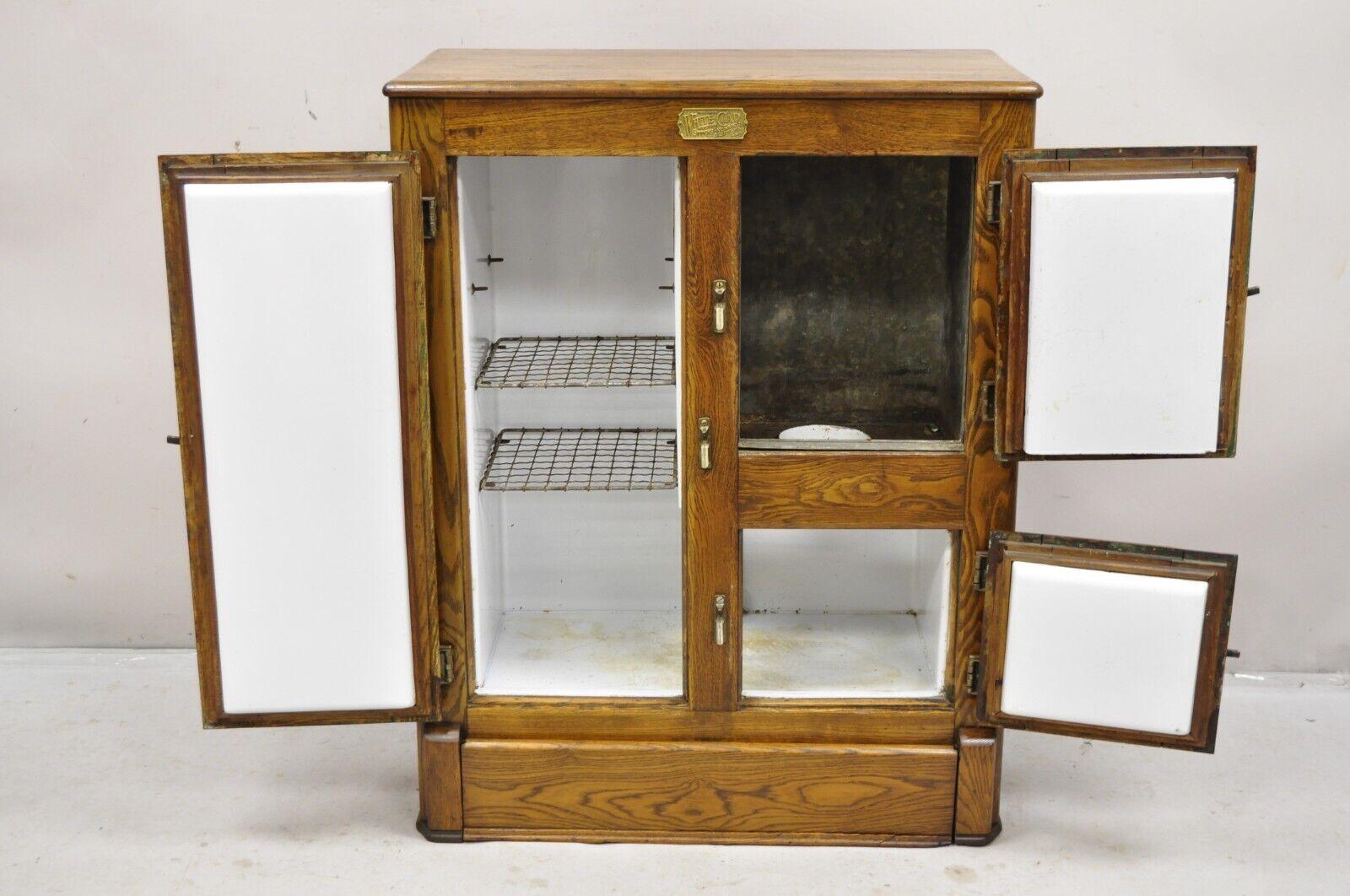 Antique Simmons Hardware Co White Clad Oak Wood Ice Box Chest Refrigerator In Good Condition In Philadelphia, PA