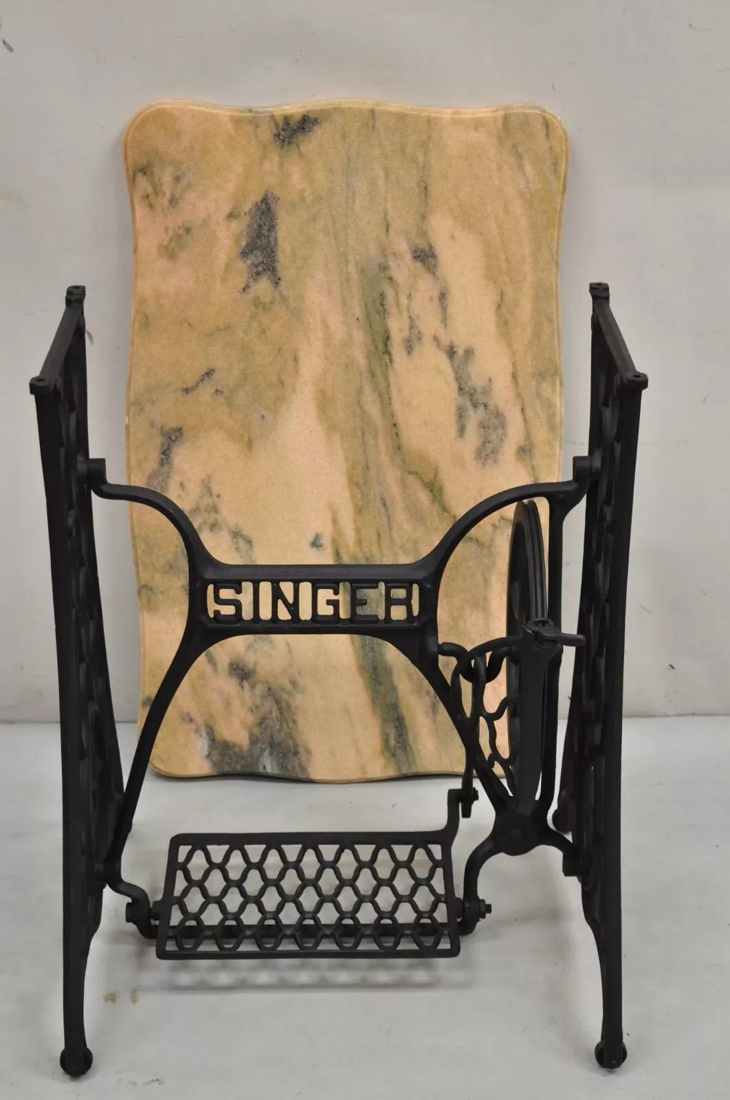 Antique Singer Cast Iron Treadle Sewing Machine Pink Marble Top Accent Table For Sale 4