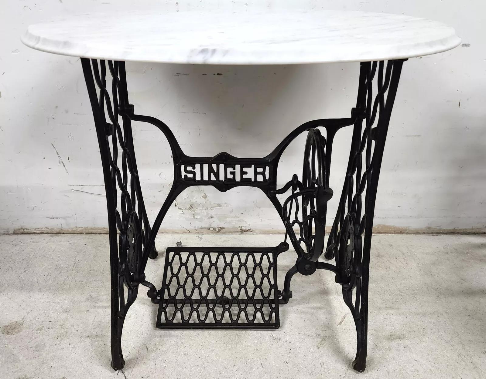 Steampunk Antique Singer Iron Table Carrara Marble Top For Sale