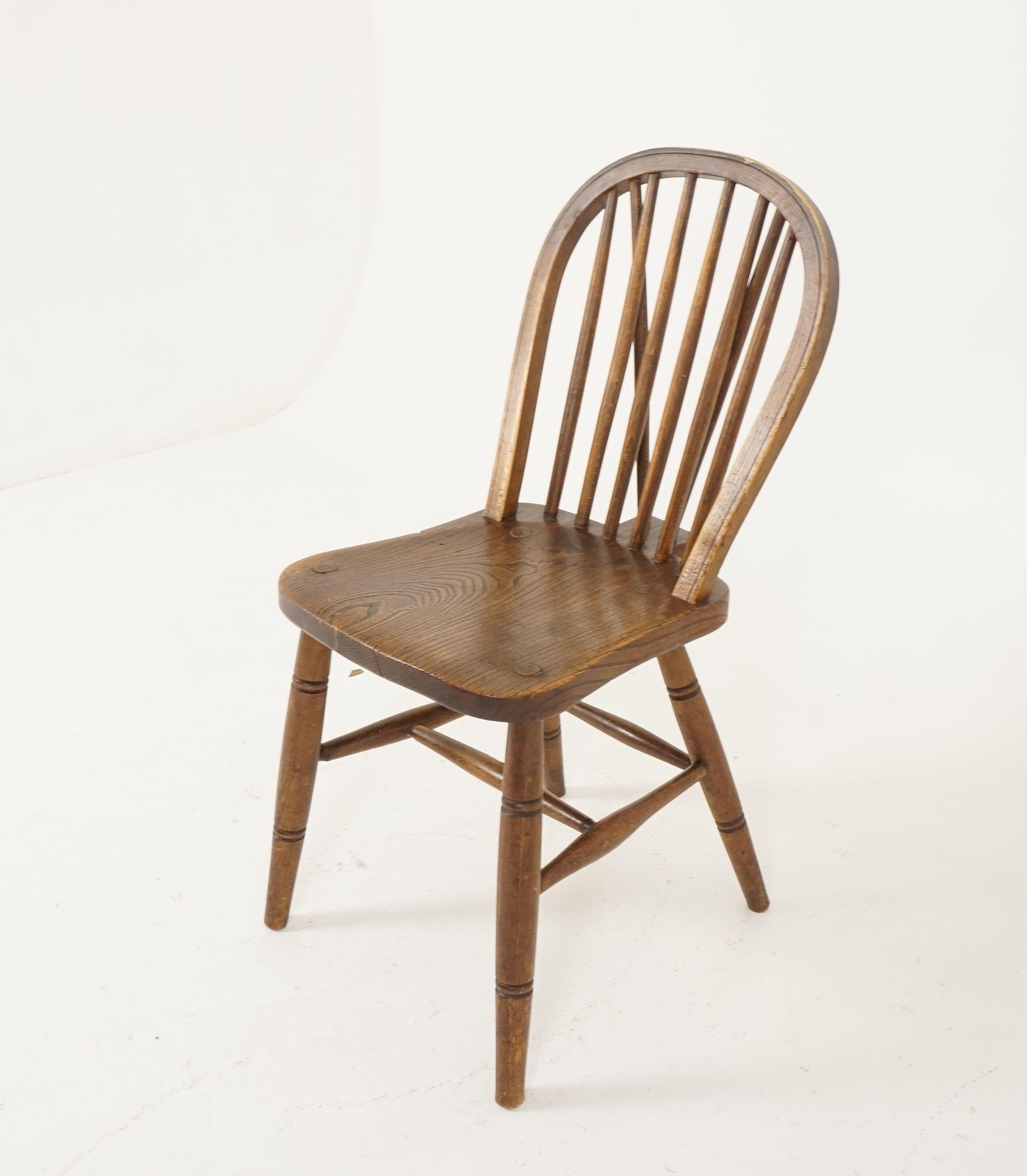 Antique single chair, Windsor kitchen chair, elm and ash, Scotland, 1900

Scotland, 1900
Solid elm and ash
Original finish
Hoop back with multi comb struts
Solid elm seat with the fish tail that has a pair of struts from the seat to the top