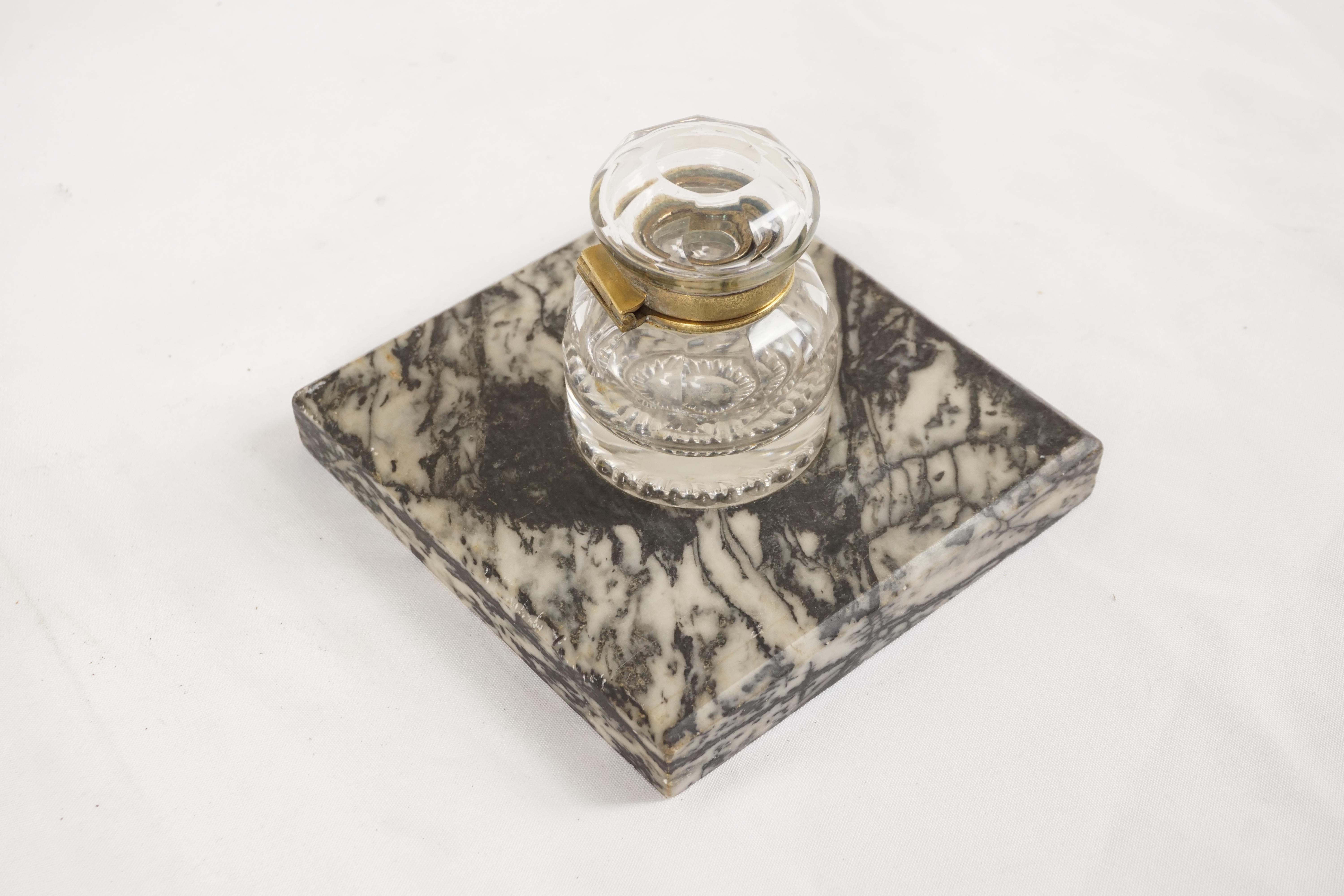 Scottish Antique Single Crystal Inkwell, with Lid, Marble Base, Scotland 1910, H298 For Sale