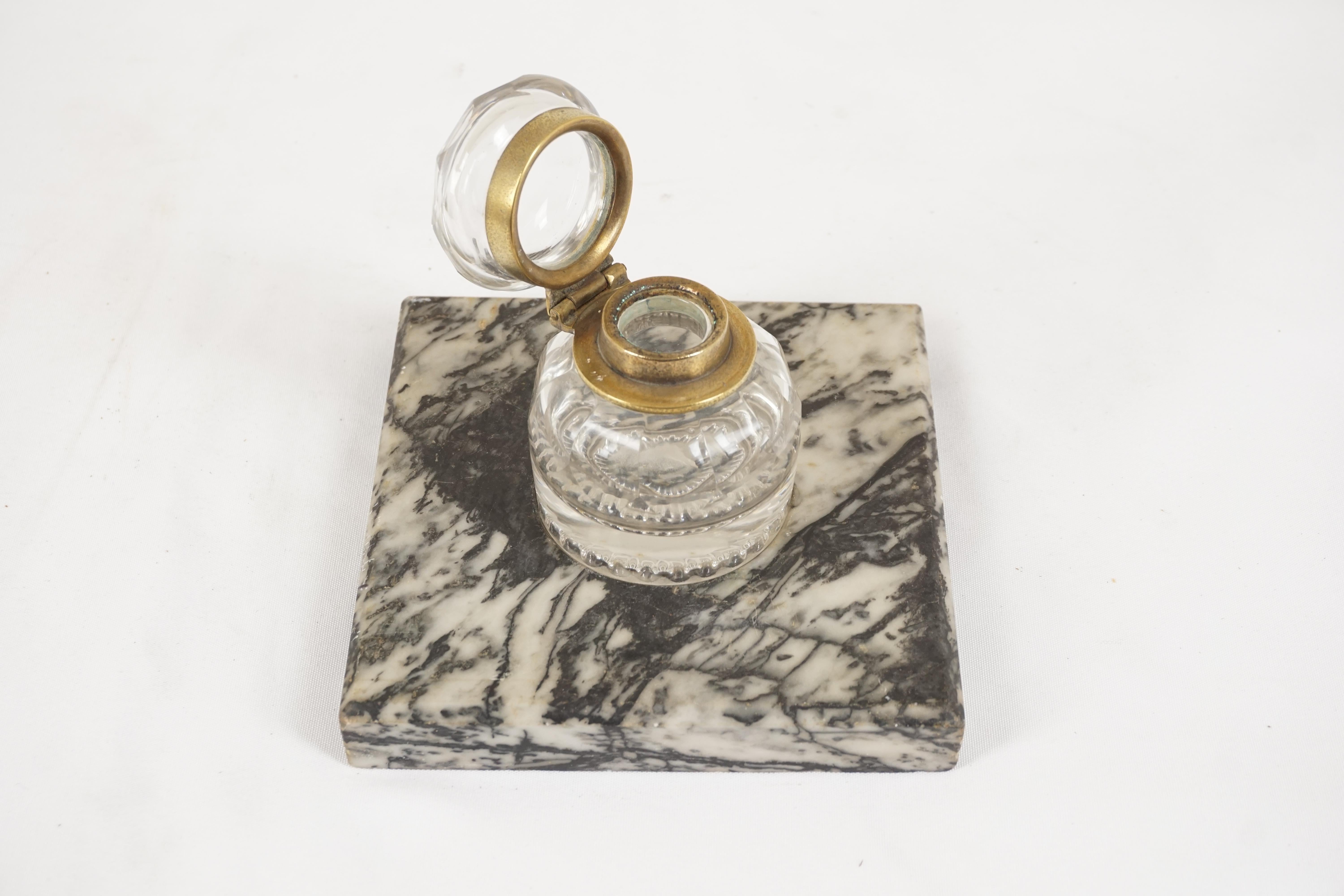 Antique Single Crystal Inkwell, with Lid, Marble Base, Scotland 1910, H298 In Good Condition For Sale In Vancouver, BC