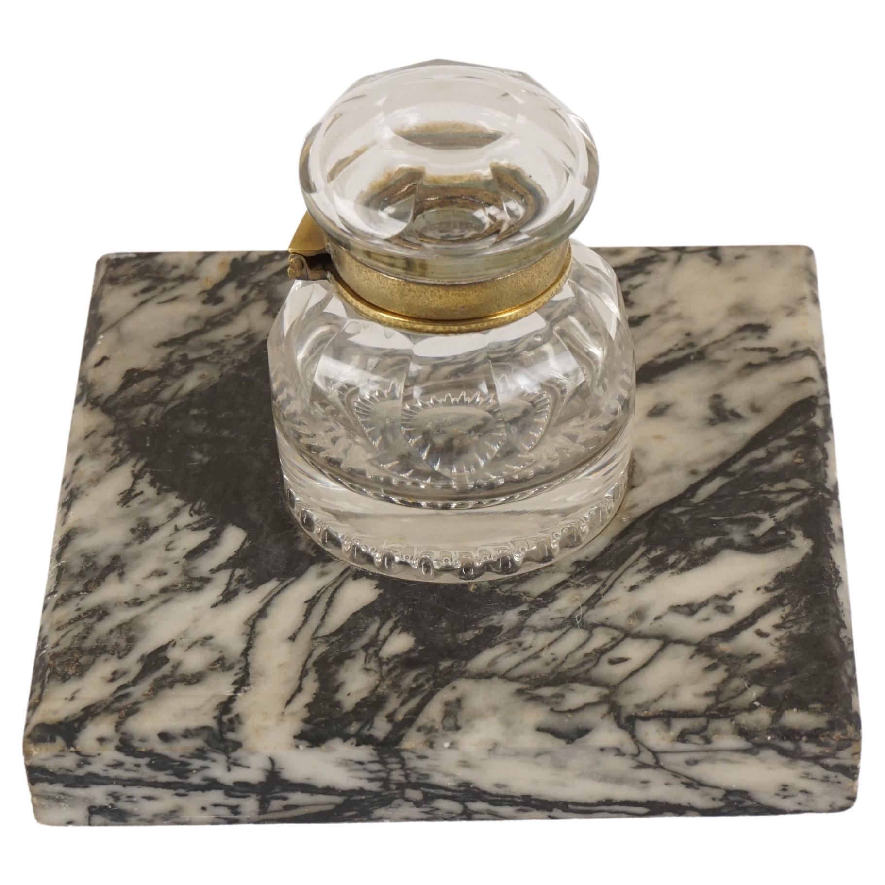 Antique Single Crystal Inkwell, with Lid, Marble Base, Scotland 1910, H298 For Sale