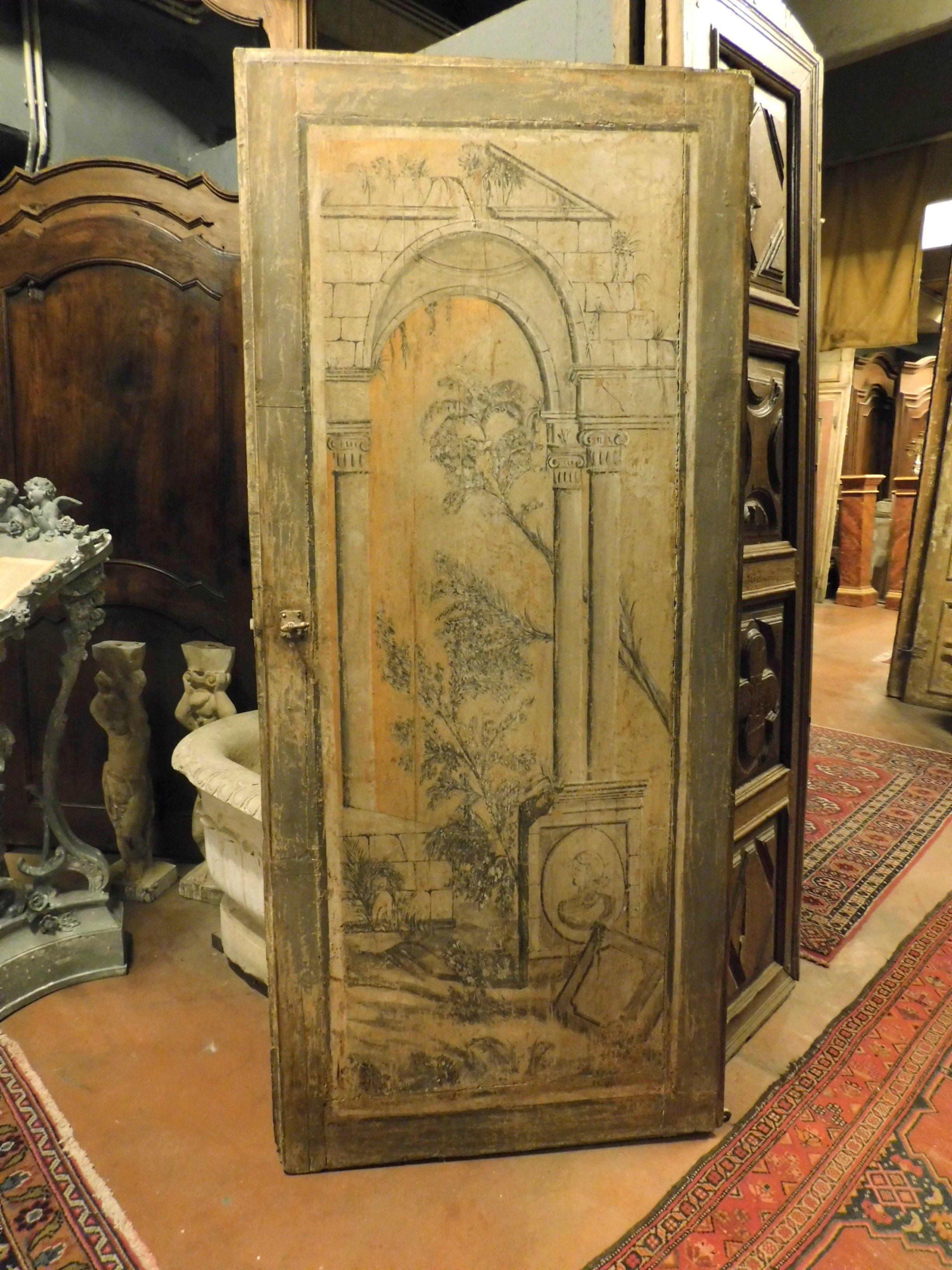 Italian Antique Single Door Painted with Classic Landscape Theme, 18th Century, Italy