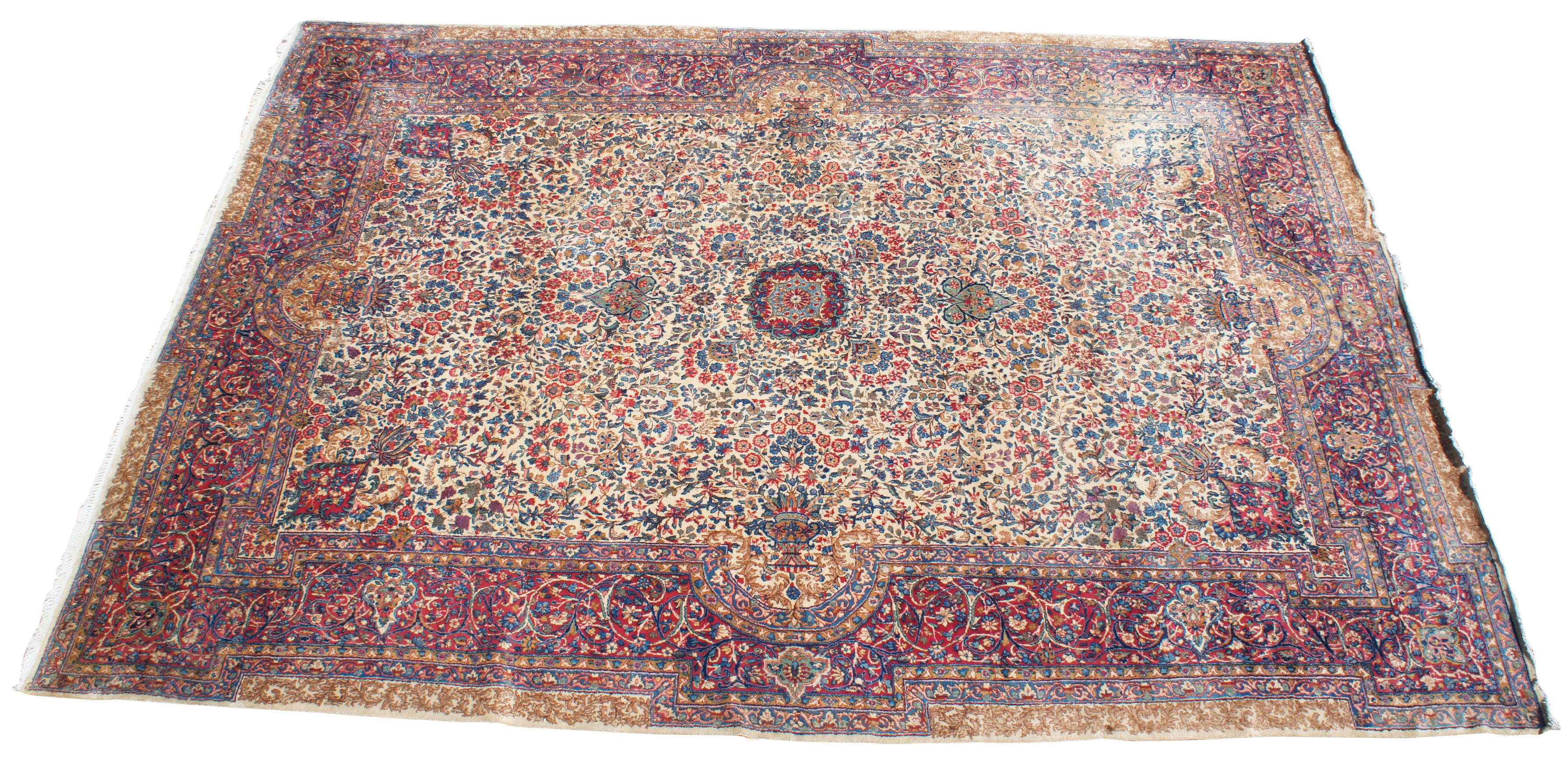 Beautiful botanical motifs establish a majestic formal atmosphere in this uniquely hued Persian Sino rug or carpet. Lavish floral with trophy urns and bouquets are arranged with exacting precision in geometric flowing arabesques. The color palette