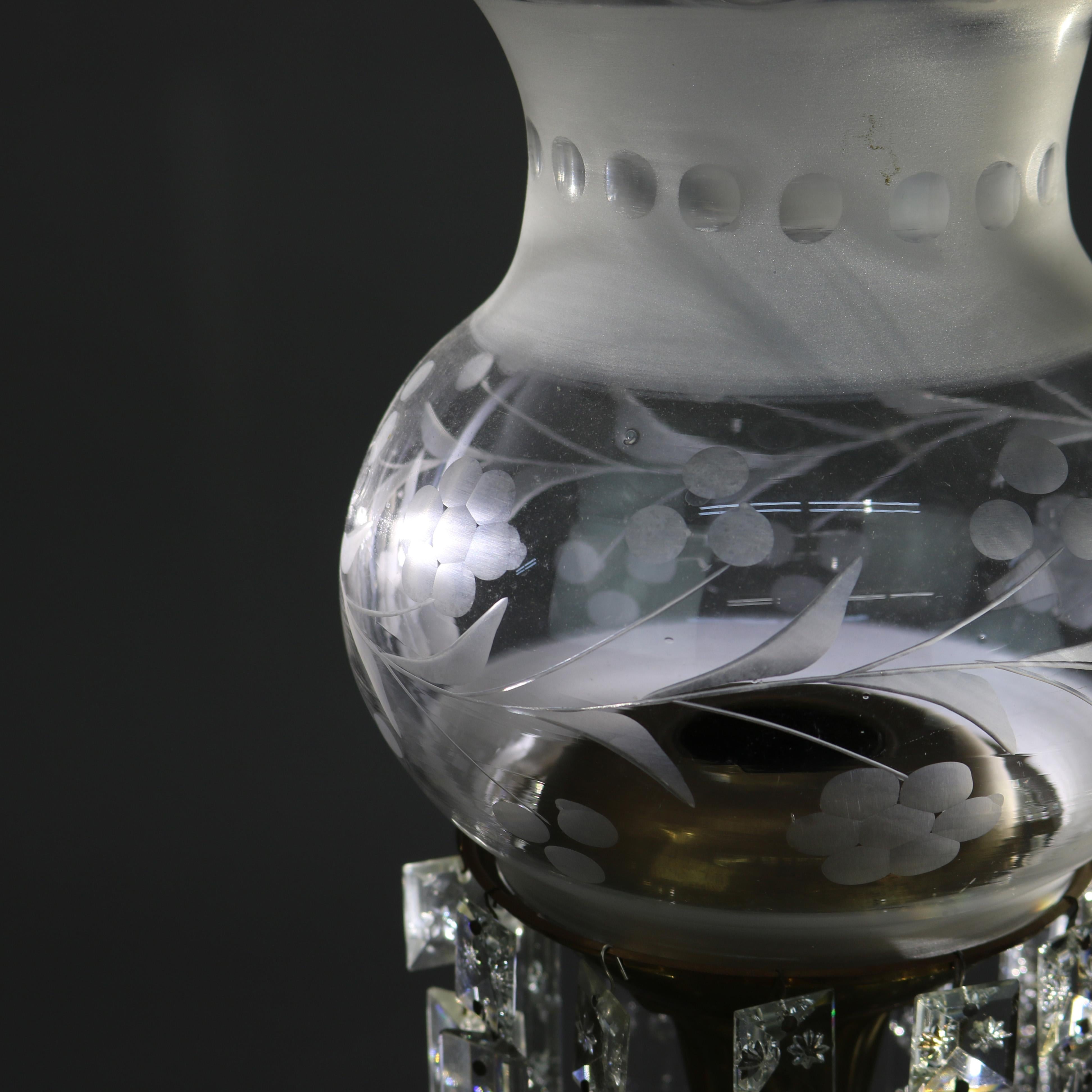 Antique Sinumbra Argand Brass and Crystal Solar Lamp with Etched Glass Shade and Marble Base C1840

Measures- 18