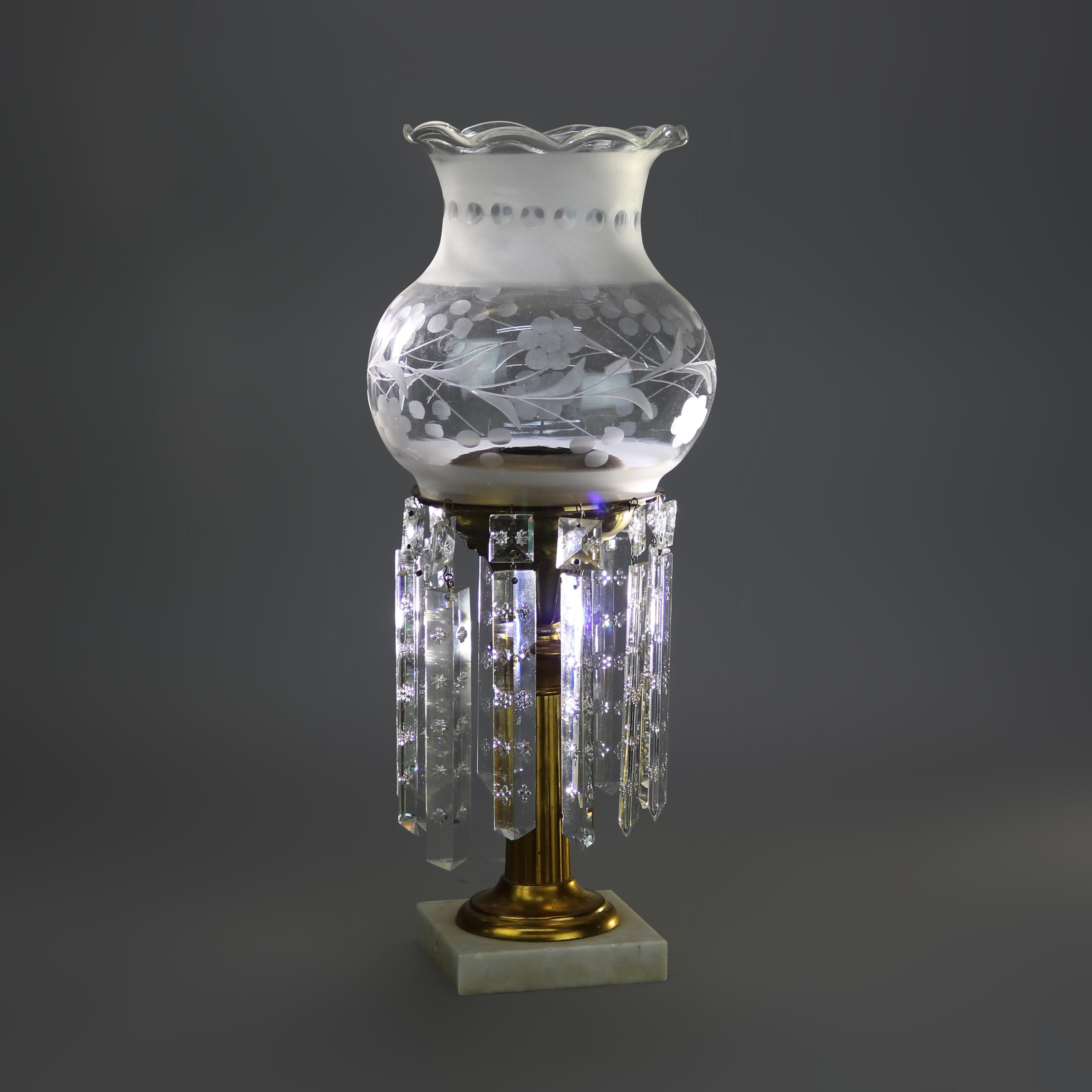 Etched Antique Sinumbra Argand Brass and Crystal Solar Lamp C1840