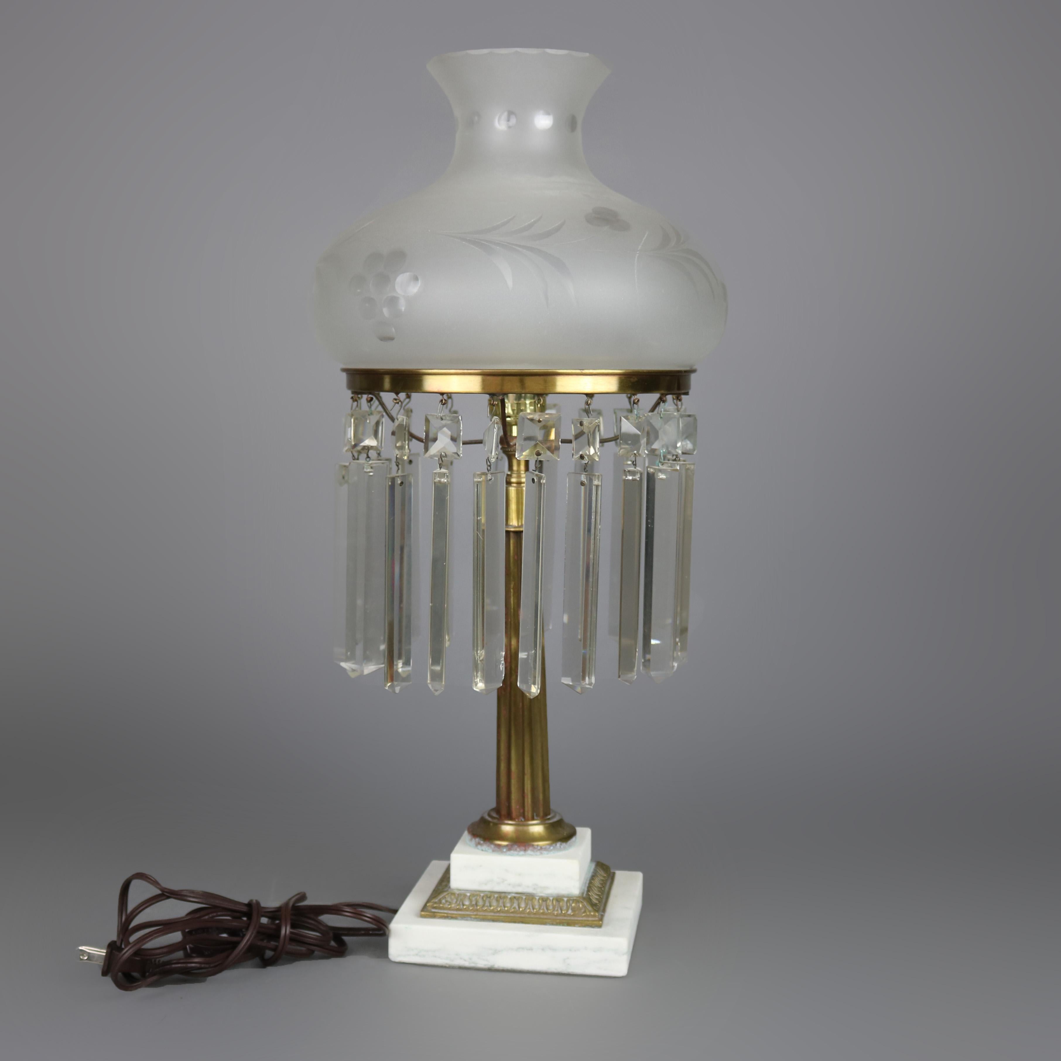 Cast Antique Sinumbra Style Gilt Metal and Marble Base Table Lamp with Prisms