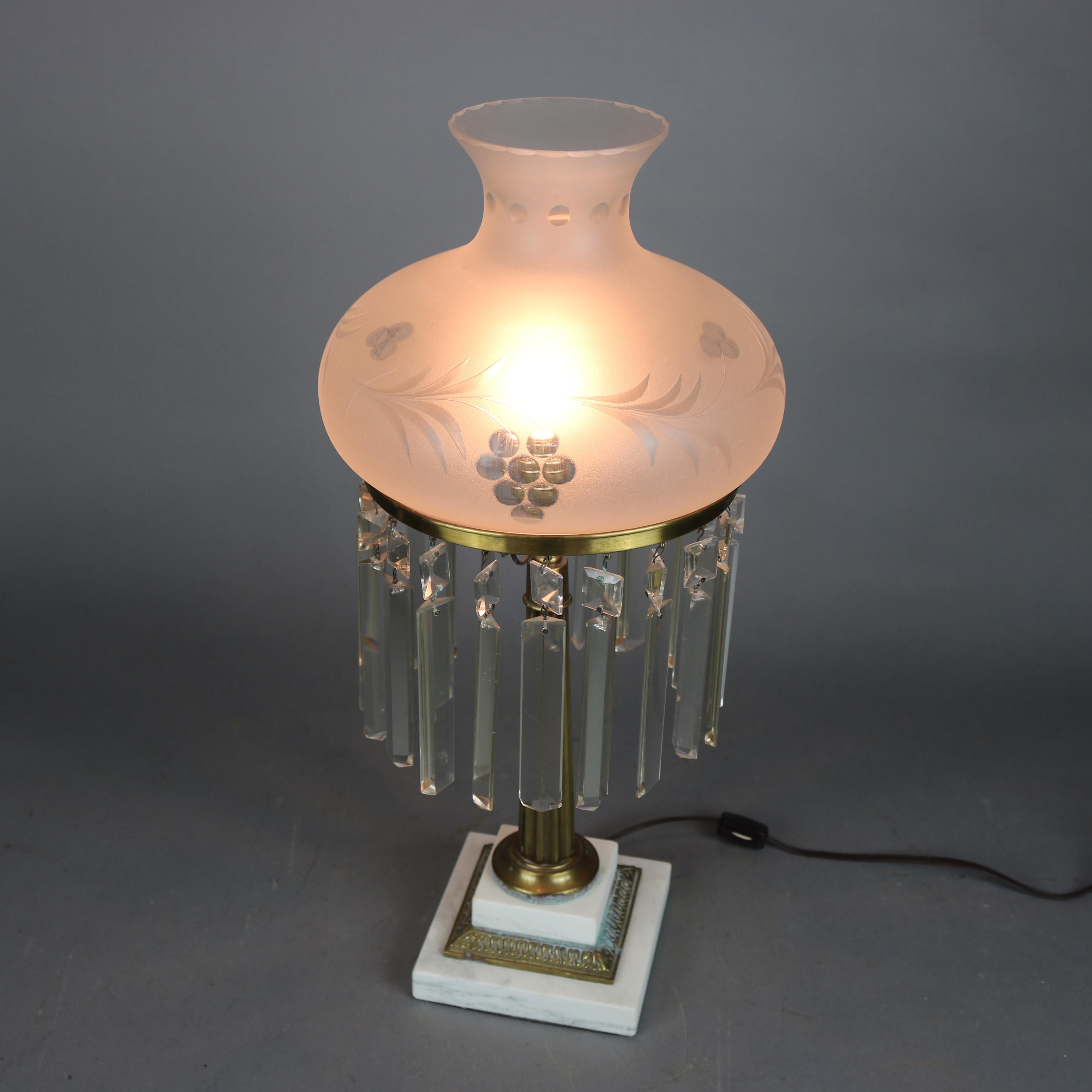 Antique Sinumbra Style Gilt Metal and Marble Base Table Lamp with Prisms In Good Condition In Big Flats, NY