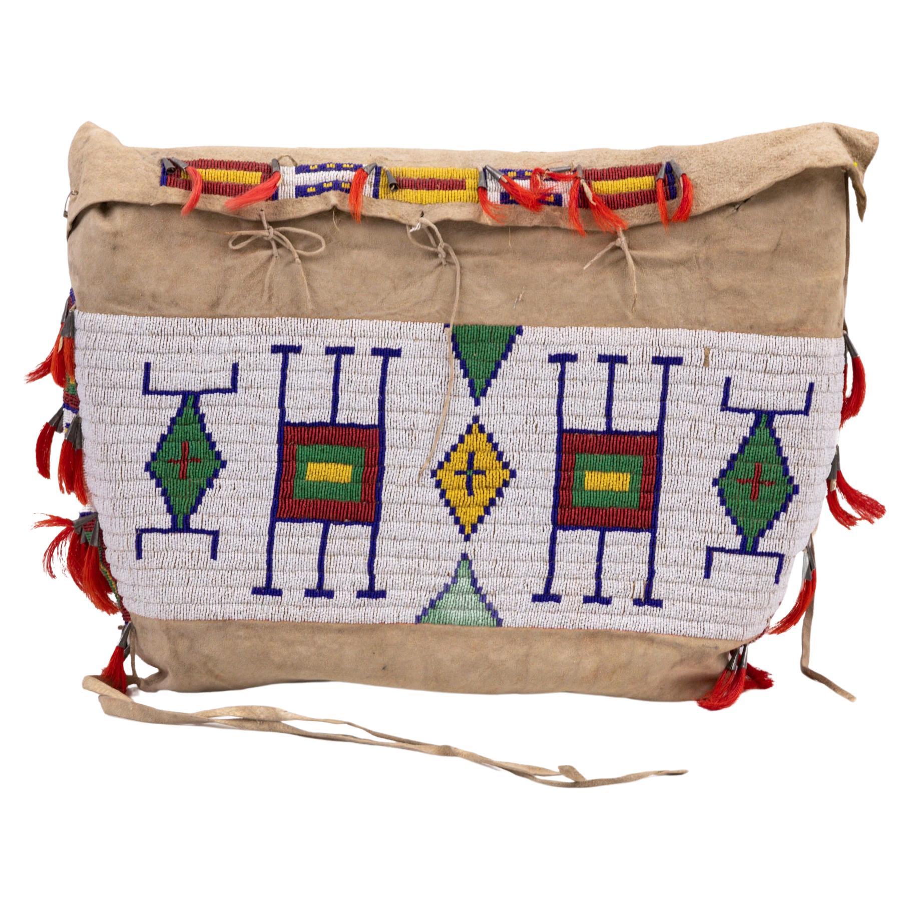 Antica borsa in pelle di daino e tela con perline dei nativi americani delle pianure Sioux