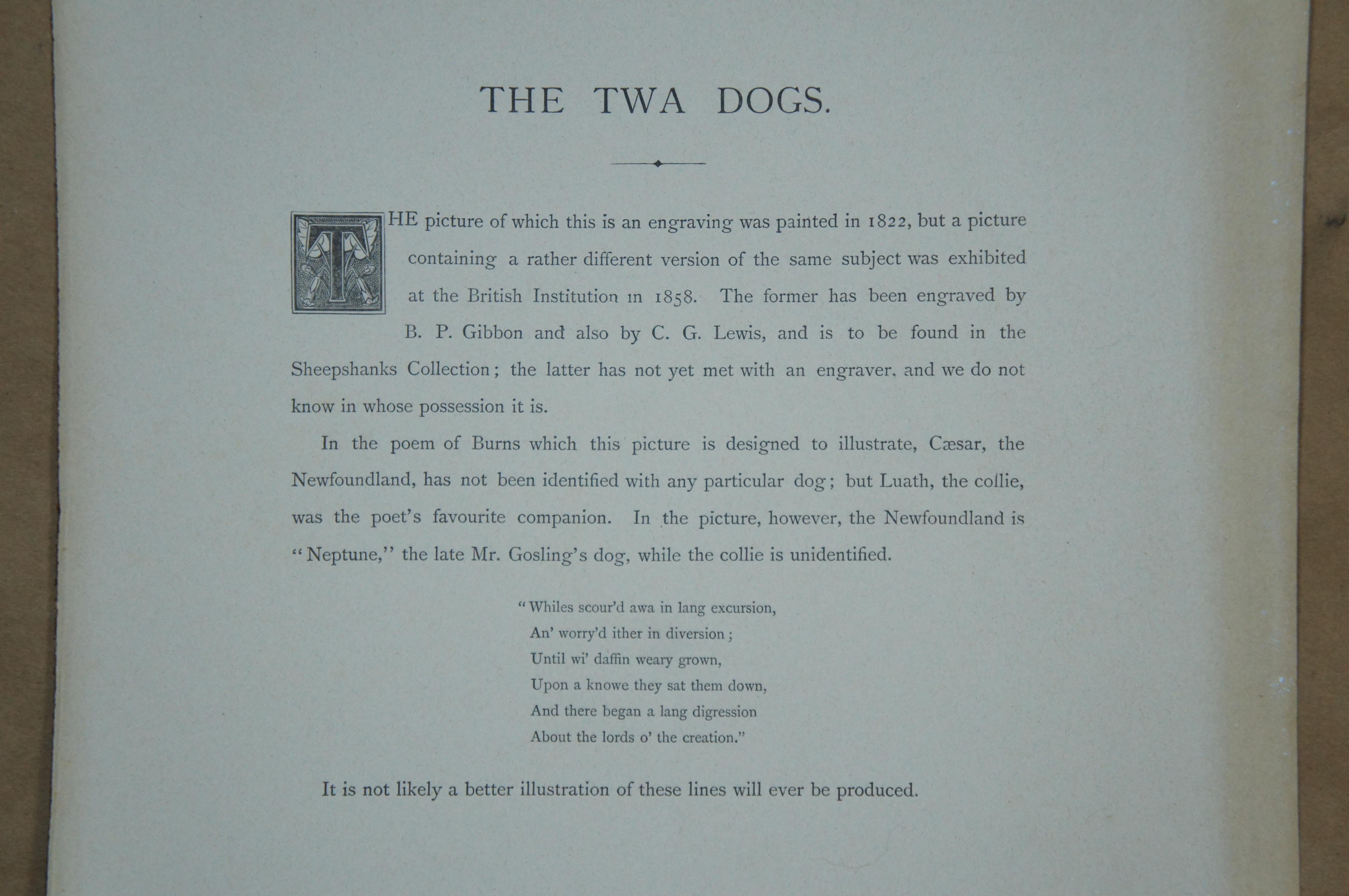 Antique Sir Edwin Landseer The Twa Dogs Collie Newfoundland Engraving 18