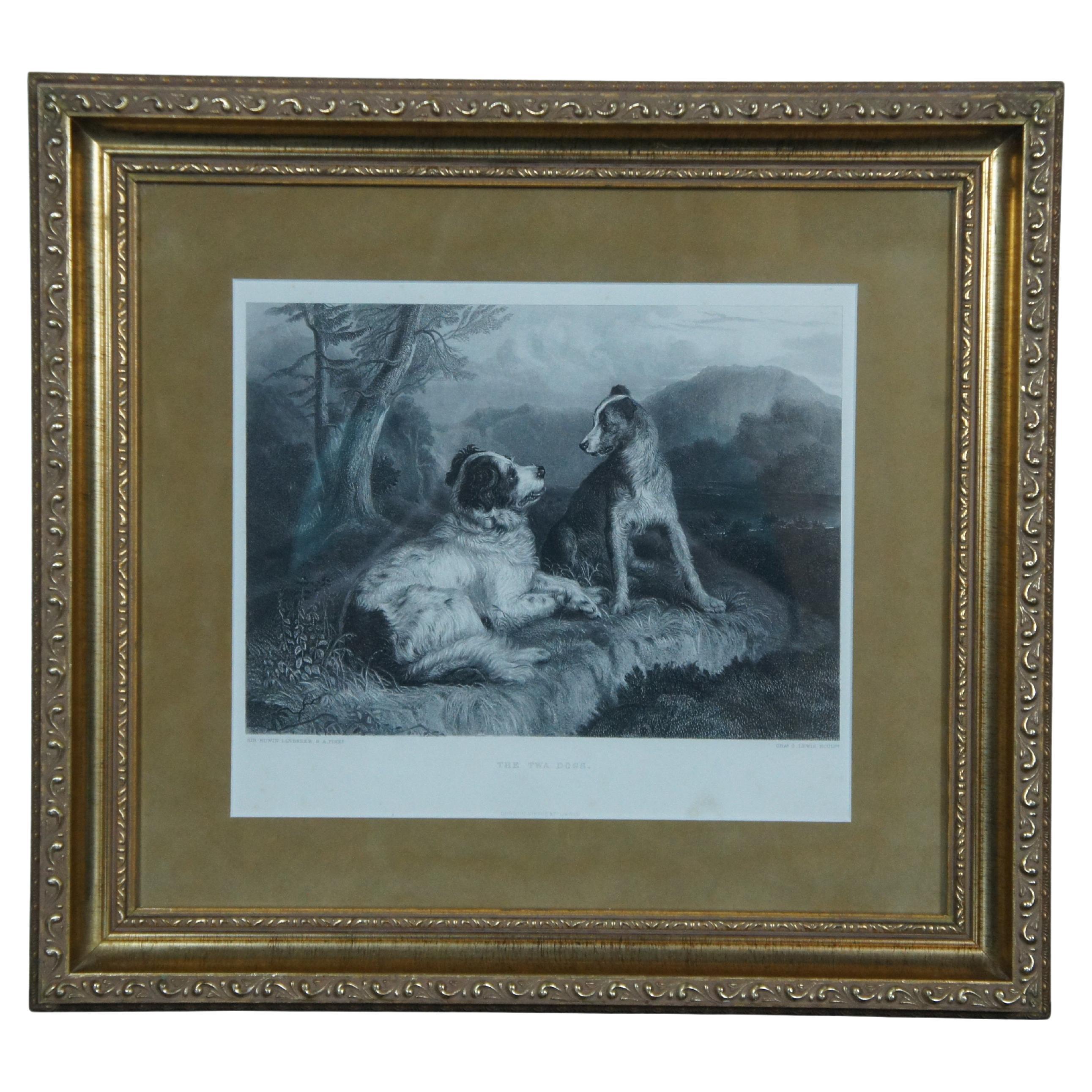 Antique Sir Edwin Landseer The Twa Dogs Collie Newfoundland Engraving 18" For Sale