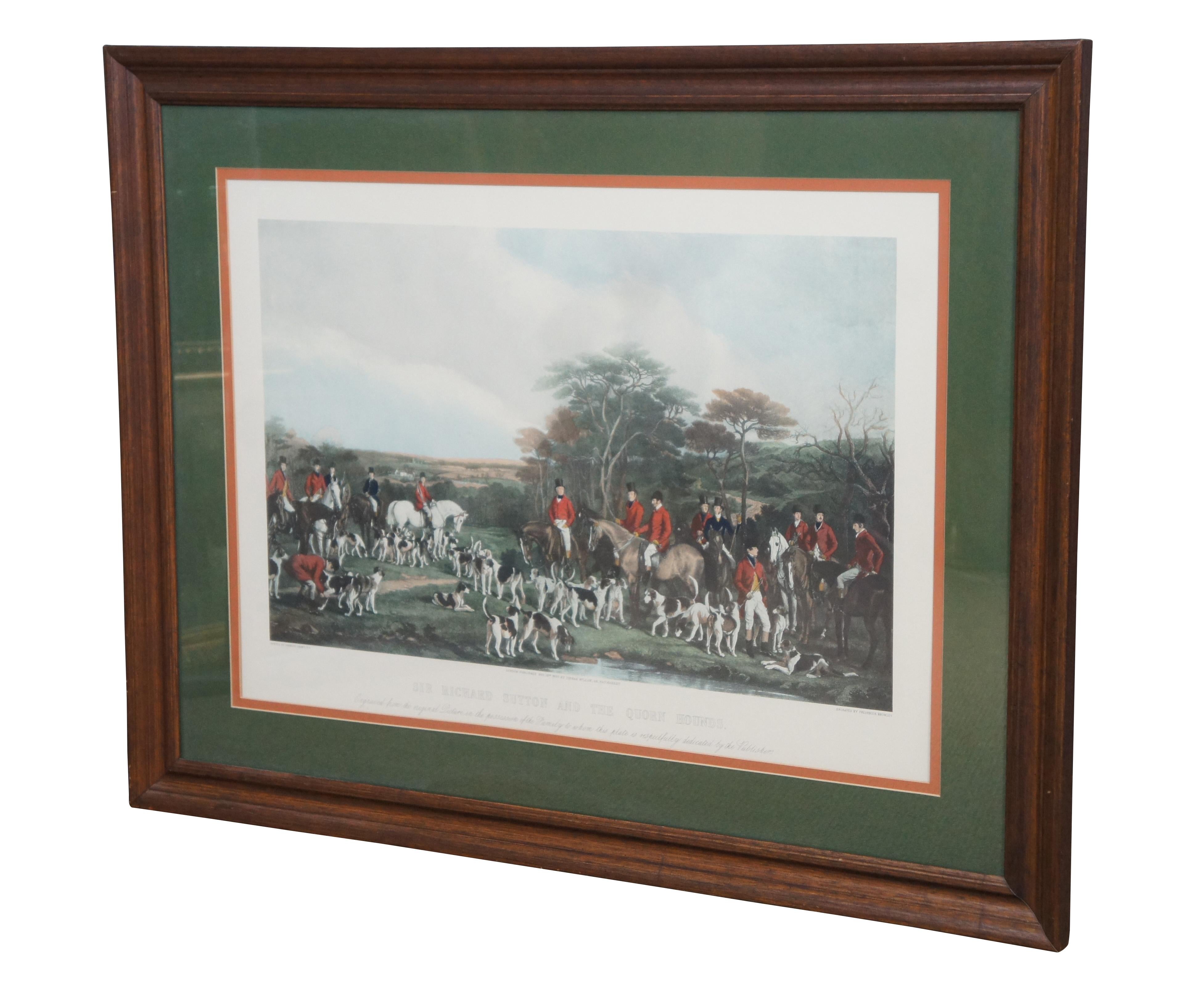 Antique 19th century hand colored engraving titled Sir Richard Sutton and the Quorn Hounds, original painted by Francis Grant, engraved by Frederick Bromley, London published 1855 by Thomas McClean. Features an English equestrian landscape fox hunt