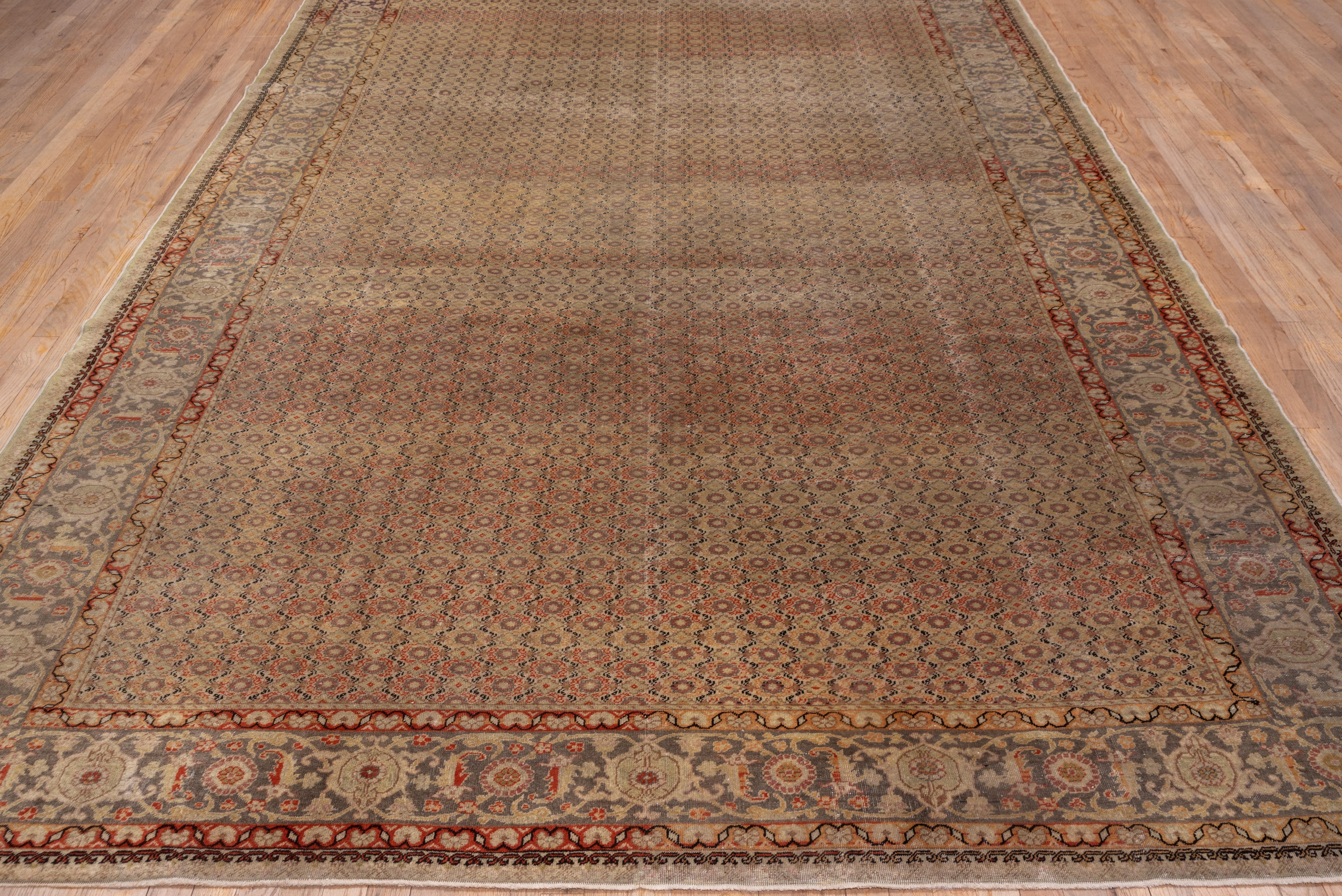 A Sivas strongly in the Tabriz style in both pattern and texture. The well-abrashed light brown field shows a very close all-over brown semi-lattice and rosette pattern clearly adapted from a textile. The Tabriz manner continued with the light