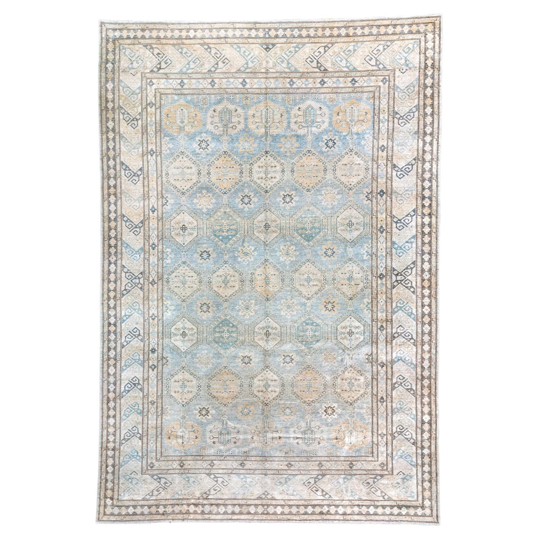 Antique Sivas Carpet with A Pale Blue Field and a Chevron Border
