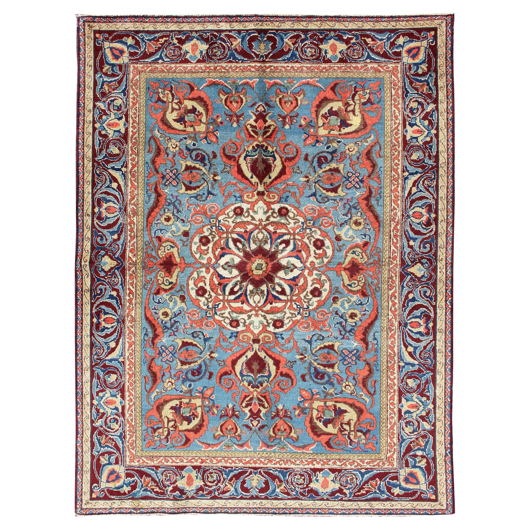 Antiker Sivas feiner Teppich mit blauem Hintergrund, Weinbordüre und kompliziertem Design im Angebot