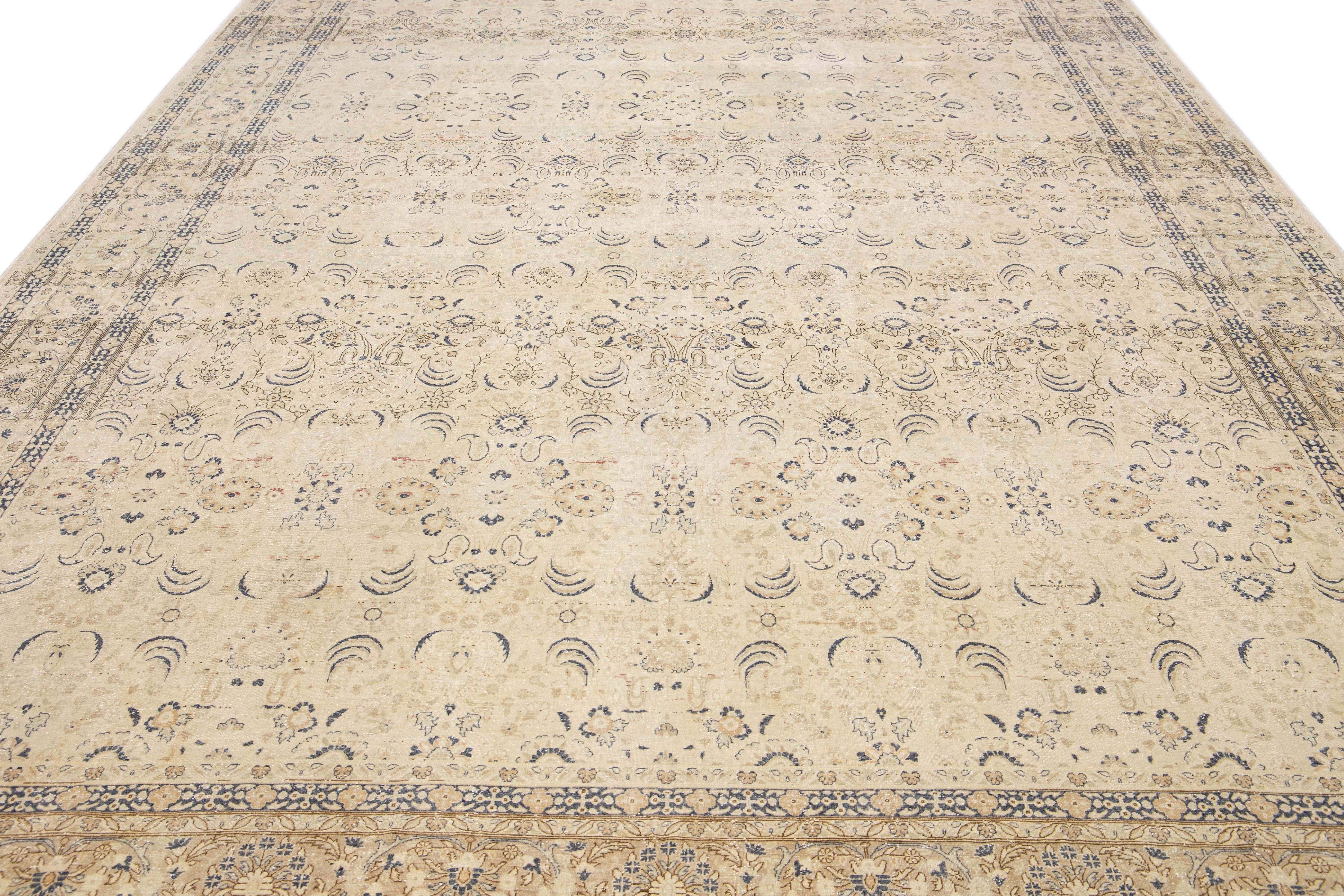 Islamic Antique Sivas Handmade Allover Motif Beige Oversize Wool Rug For Sale