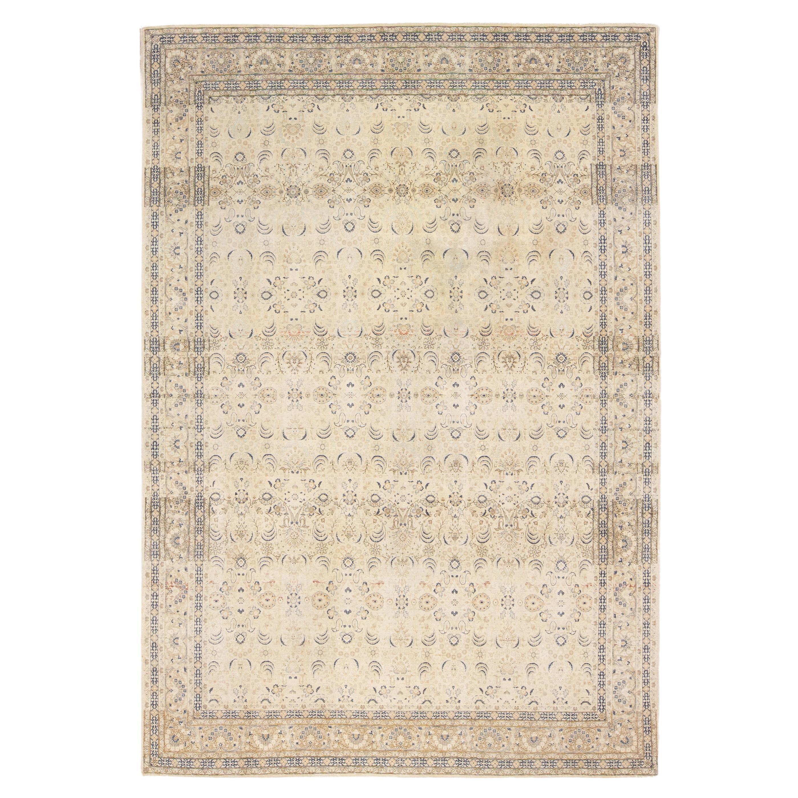 Antique Sivas Handmade Allover Motif Beige Oversize Wool Rug For Sale