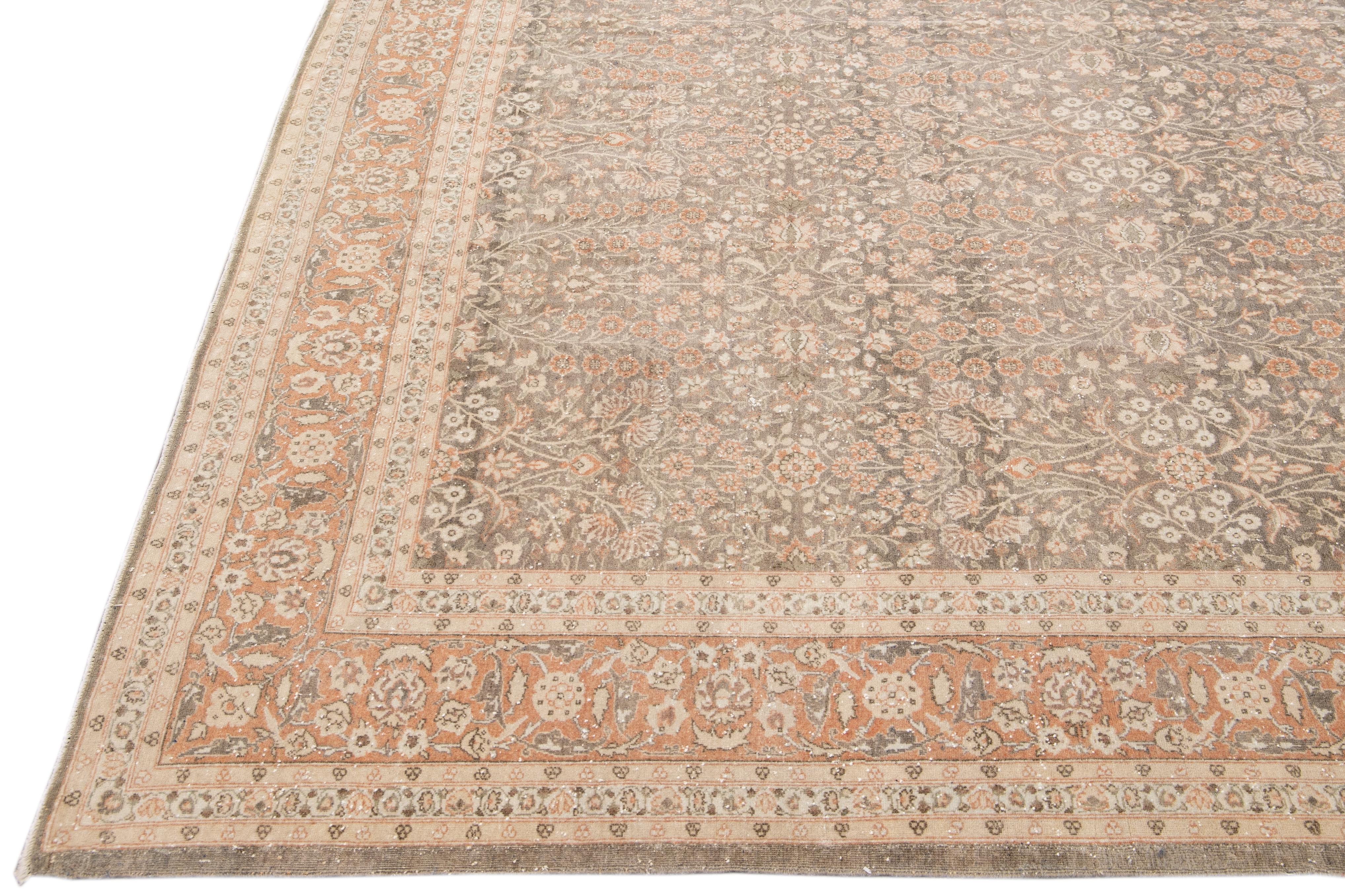 Turkish Antique Sivas Handmade Brown and Peach Floral Motif Wool Rug For Sale