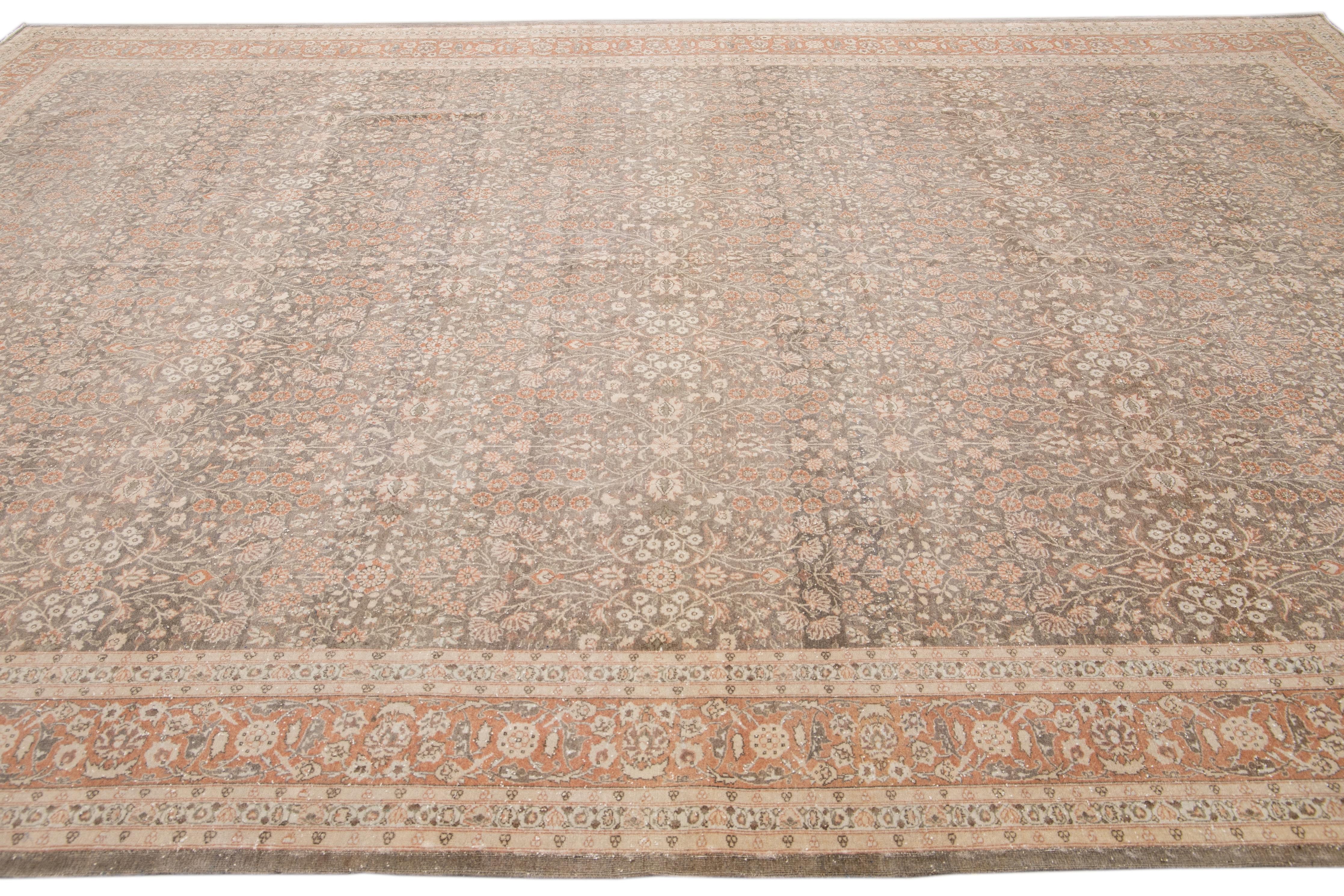 Hand-Knotted Antique Sivas Handmade Brown and Peach Floral Motif Wool Rug For Sale