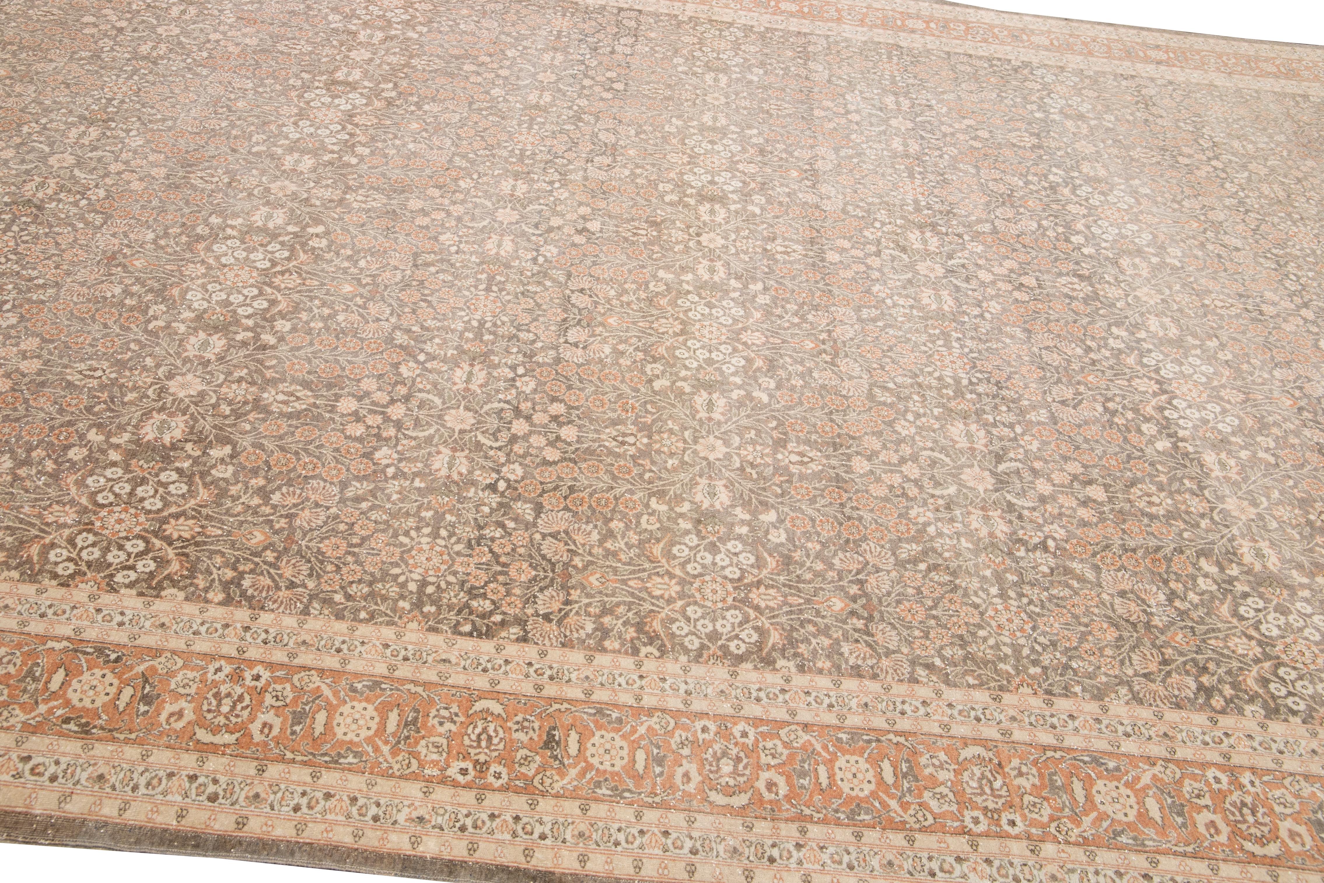 20th Century Antique Sivas Handmade Brown and Peach Floral Motif Wool Rug For Sale