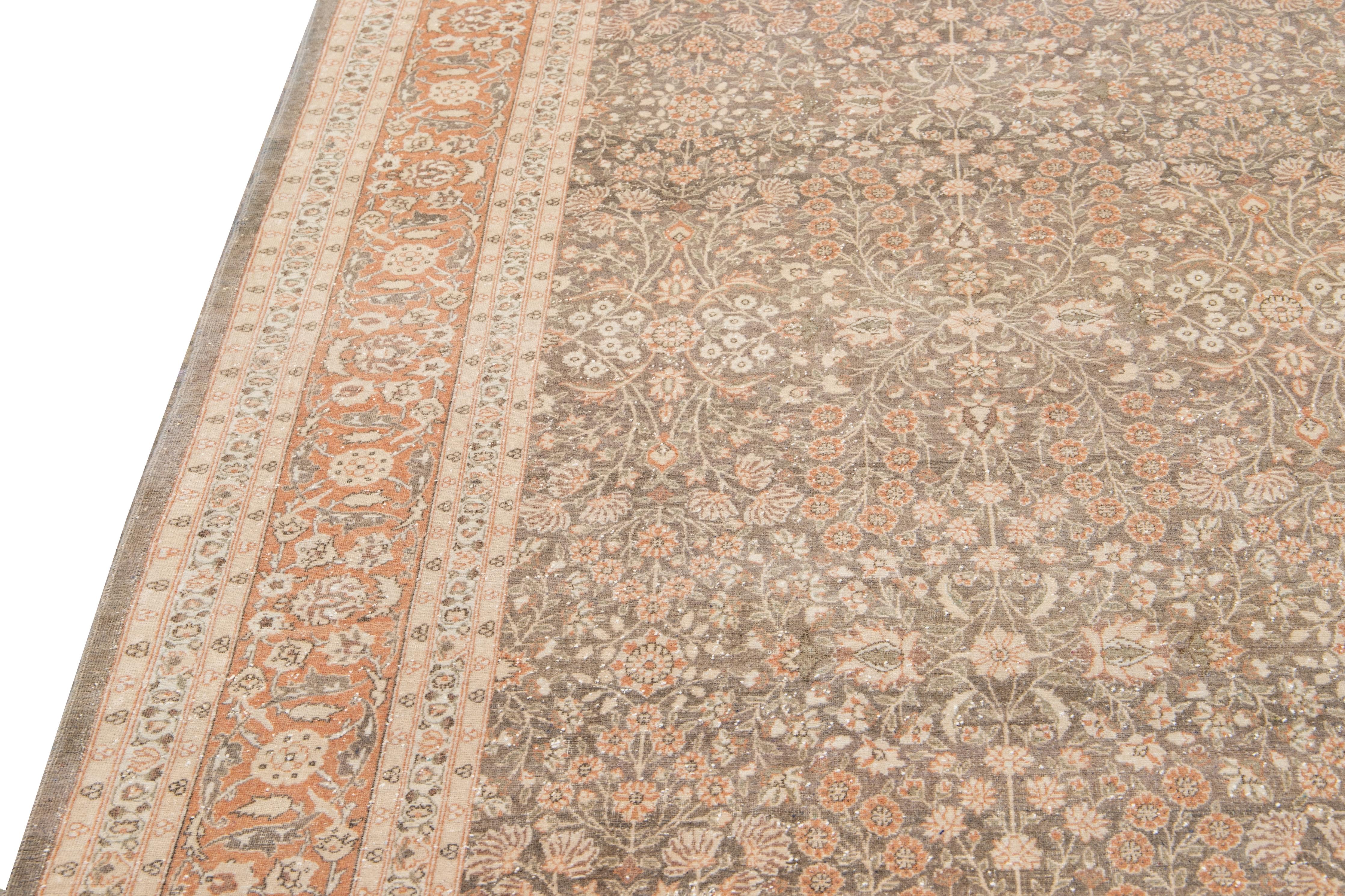 Antique Sivas Handmade Brown and Peach Floral Motif Wool Rug For Sale 1