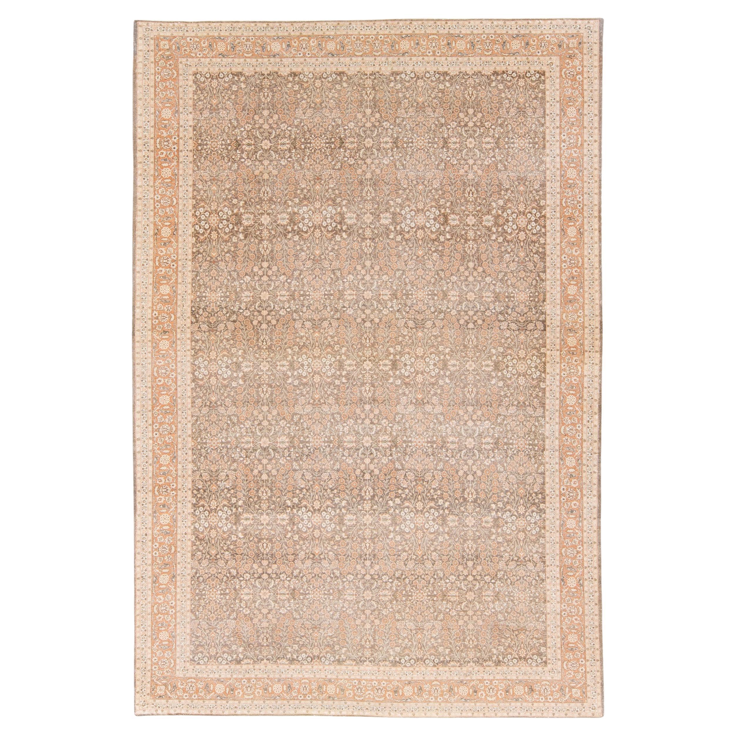 Antique Sivas Handmade Brown and Peach Floral Motif Wool Rug For Sale