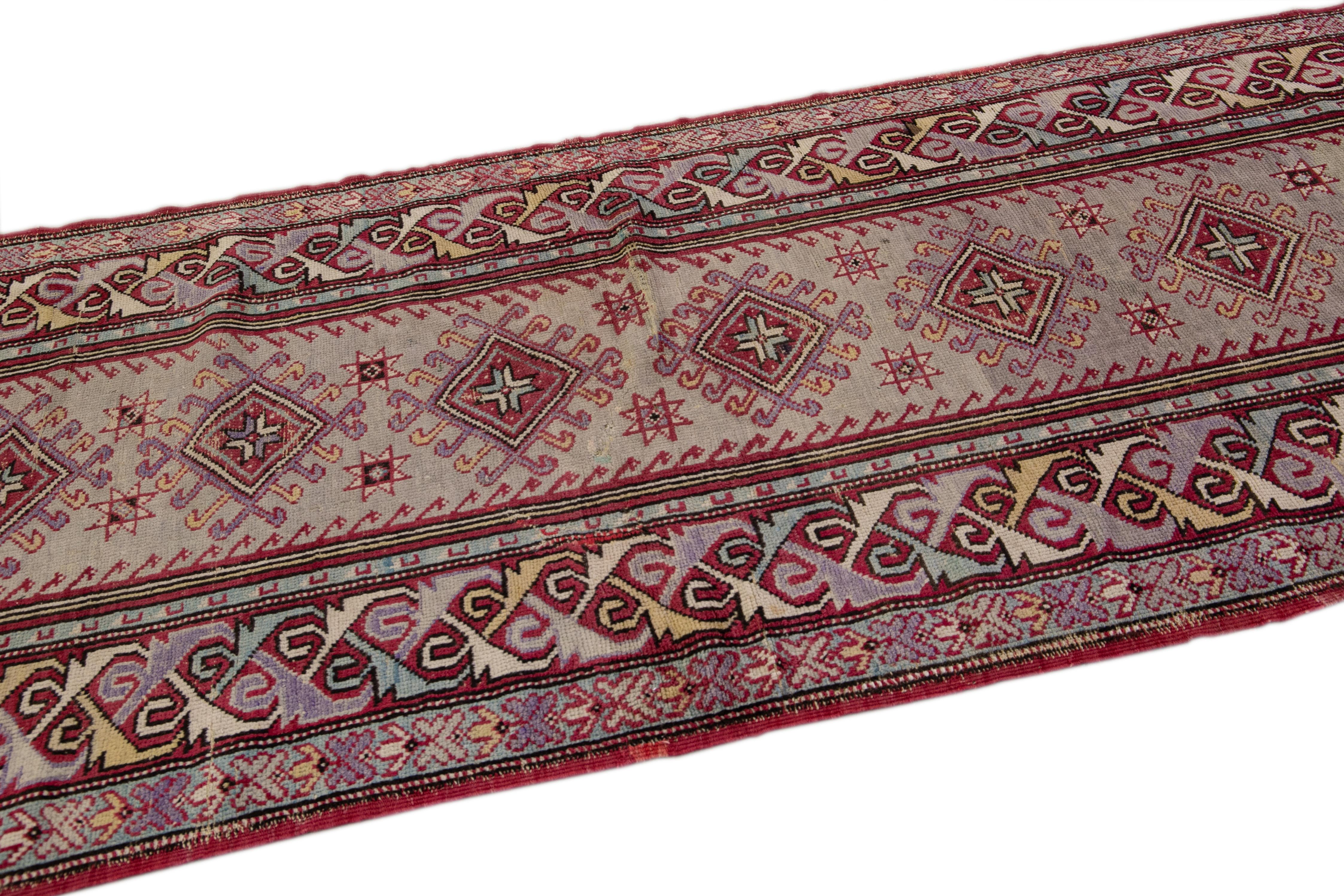 Hand-Knotted Antique Sivas Handmade Multicolor Geometric Wool Runner For Sale