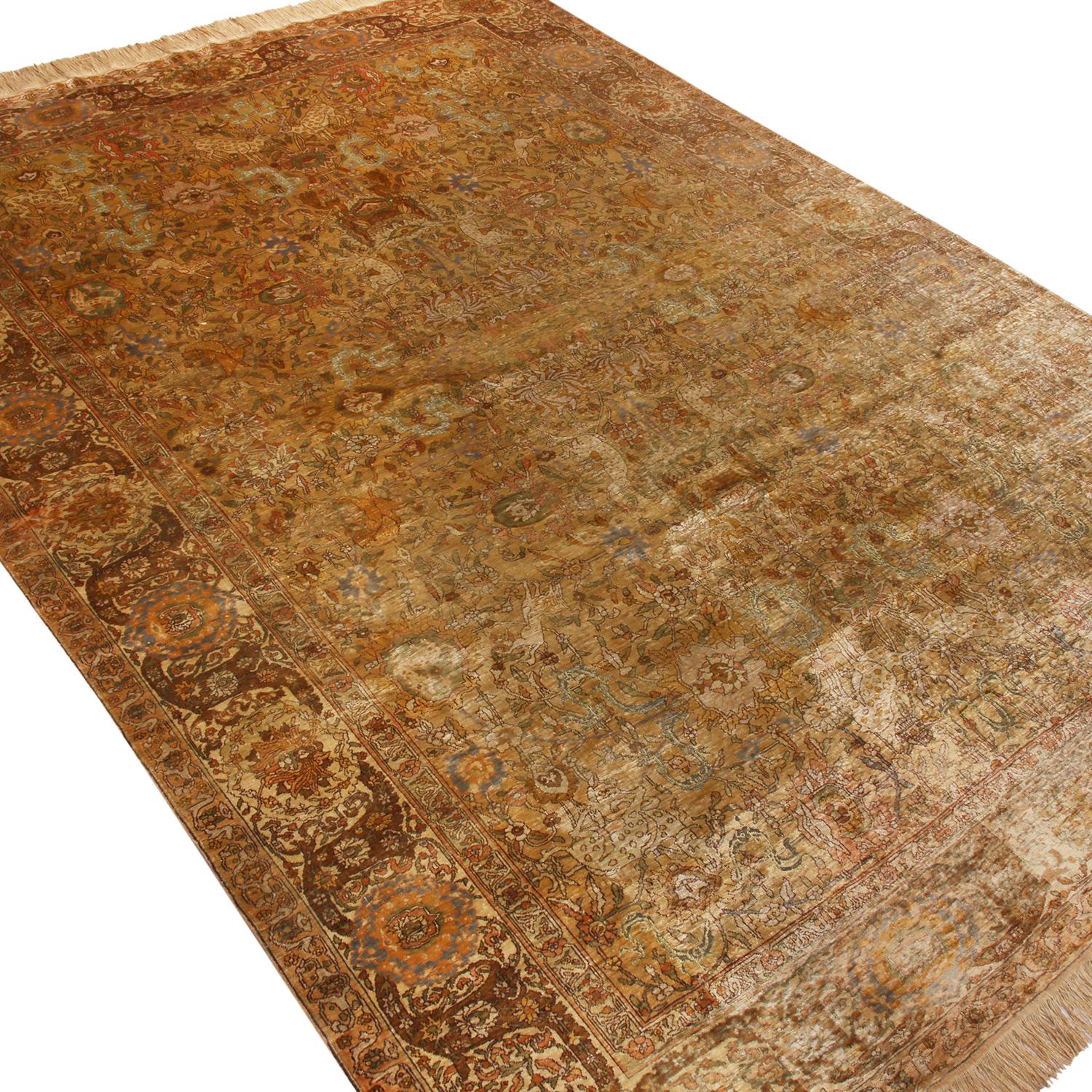 Turco Antique Sivas Traditional Brown and Beige Silk Rug Floral Pattern by Rug & Kilim in vendita
