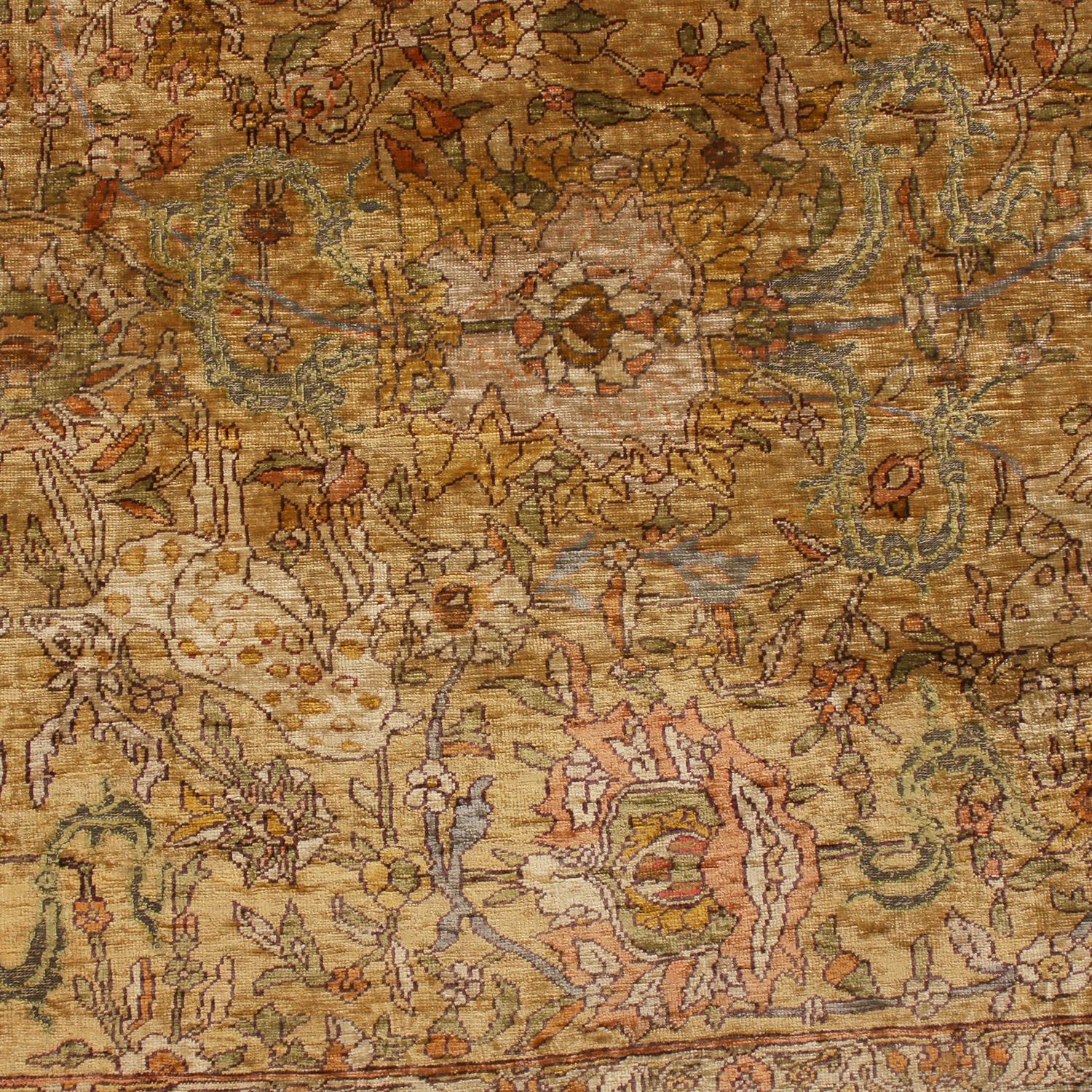 Annodato a mano Antique Sivas Traditional Brown and Beige Silk Rug Floral Pattern by Rug & Kilim in vendita