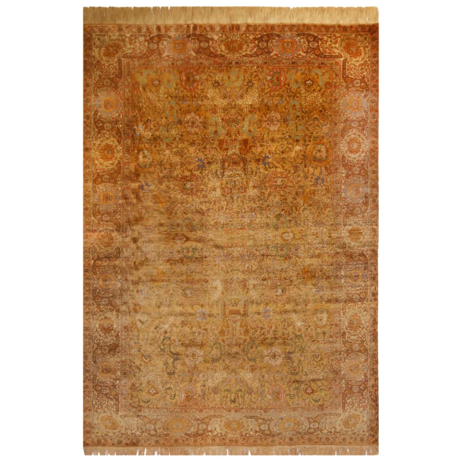 Antique Sivas Traditional Brown and Beige Silk Rug Floral Pattern by Rug & Kilim