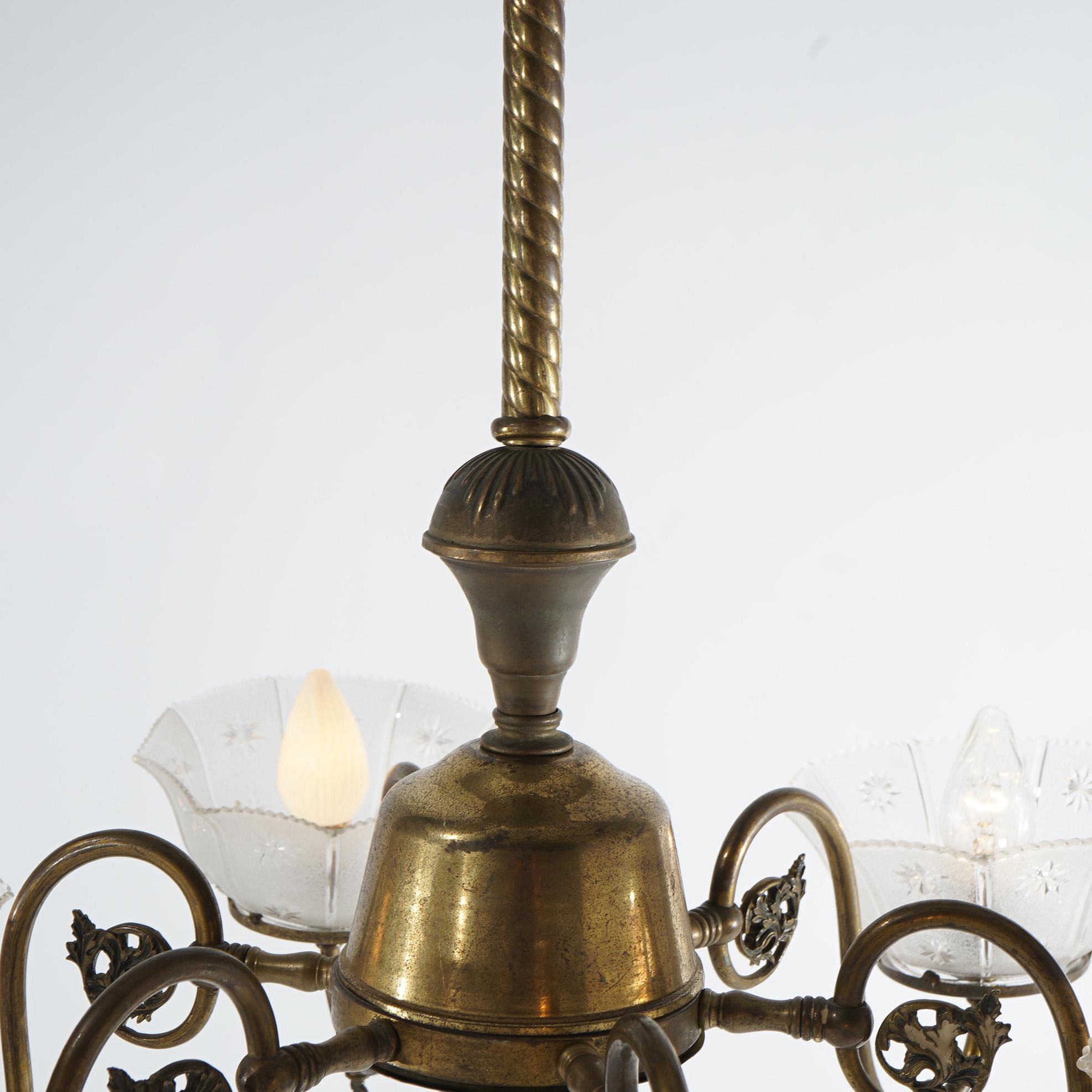 Antique Six Arm Brass Gas Chandelier with Glass Shades, Electrified, Circa 1890 4