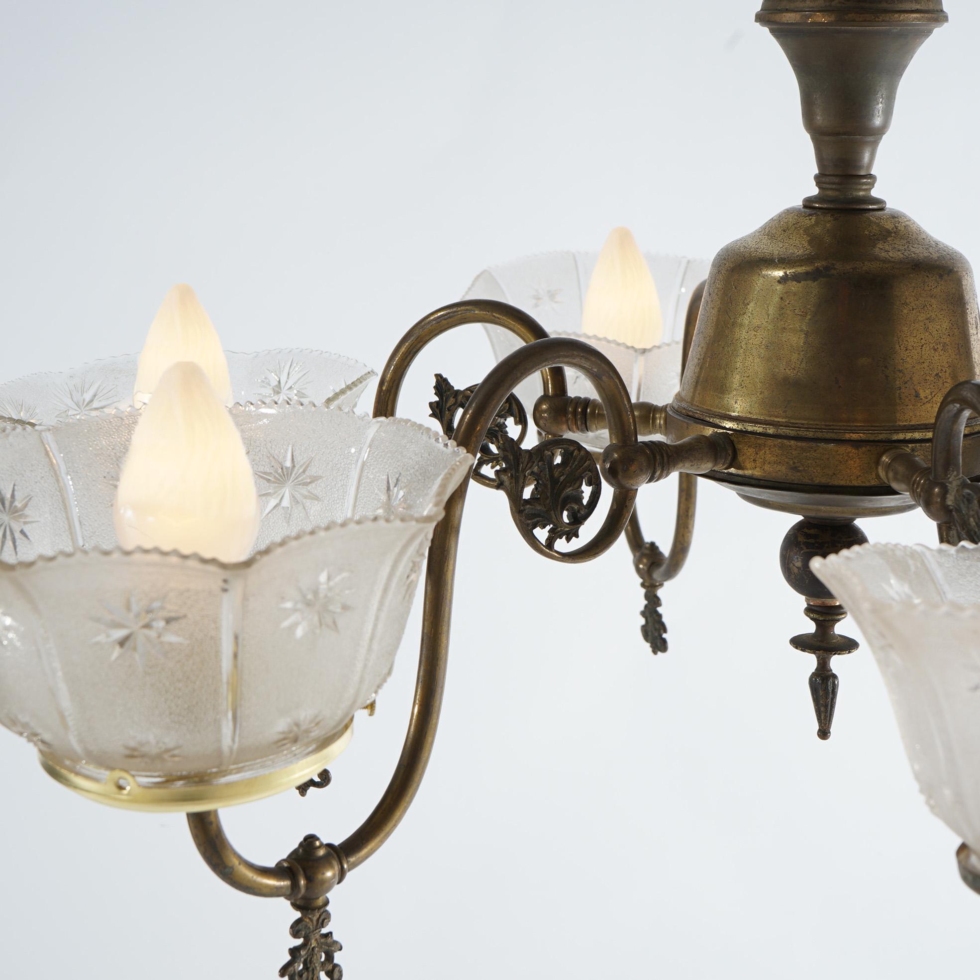 Antique Six Arm Brass Gas Chandelier with Glass Shades, Electrified, Circa 1890 7