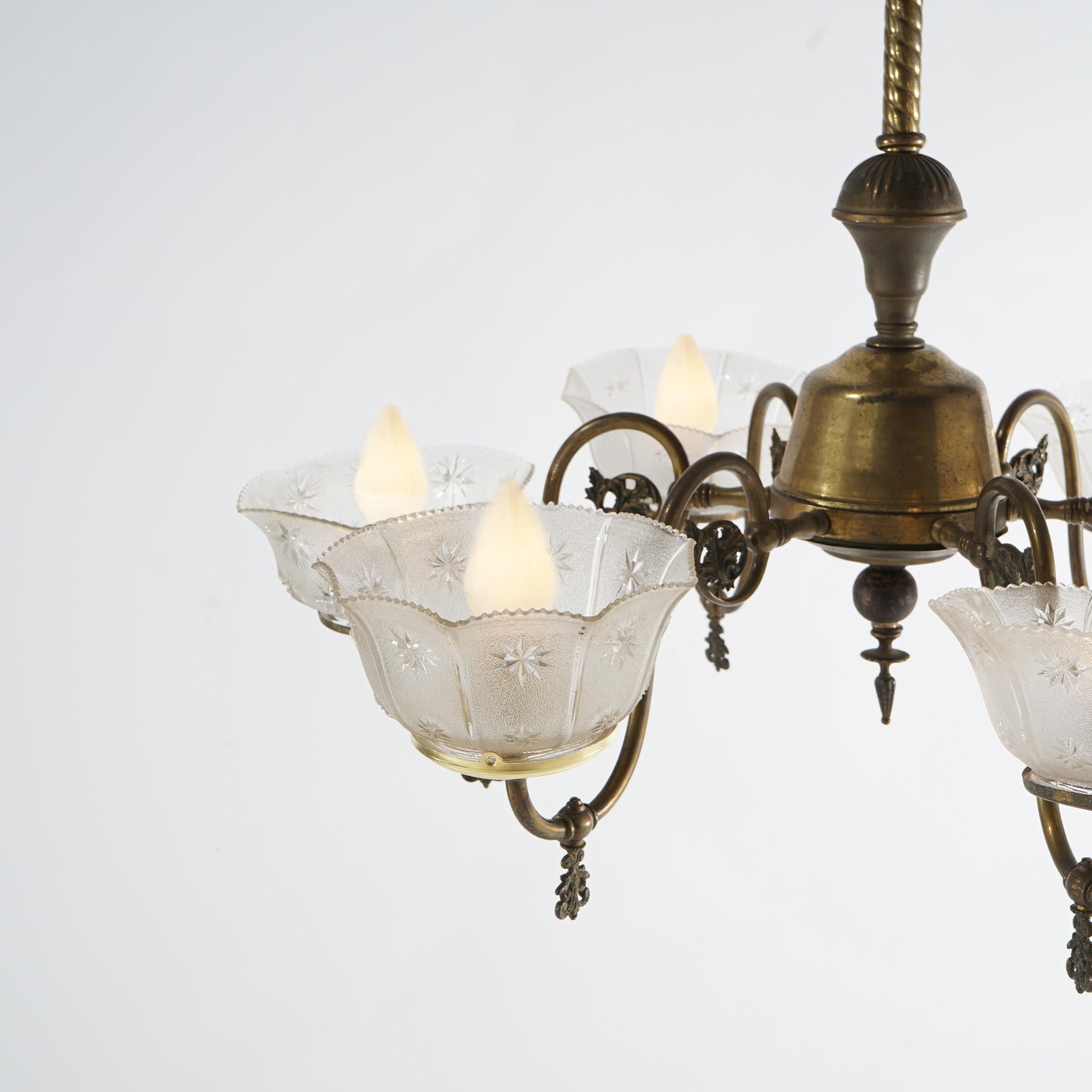 Antique Six Arm Brass Gas Chandelier with Glass Shades, Electrified, Circa 1890 8