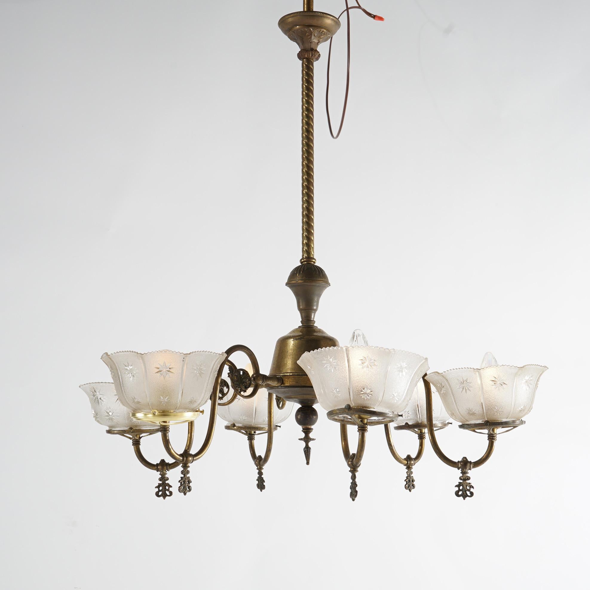 Antique Six Arm Brass Gas Chandelier with Glass Shades, Electrified, Circa 1890 9