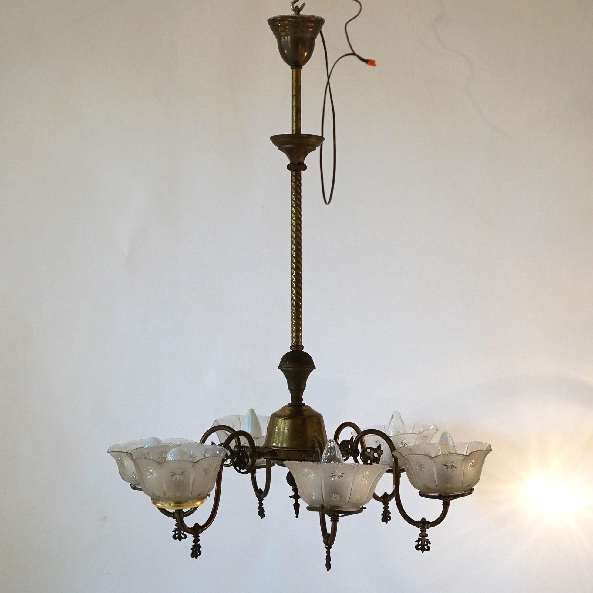 Antique Six Arm Brass Gas Chandelier with Glass Shades, Electrified, Circa 1890 10