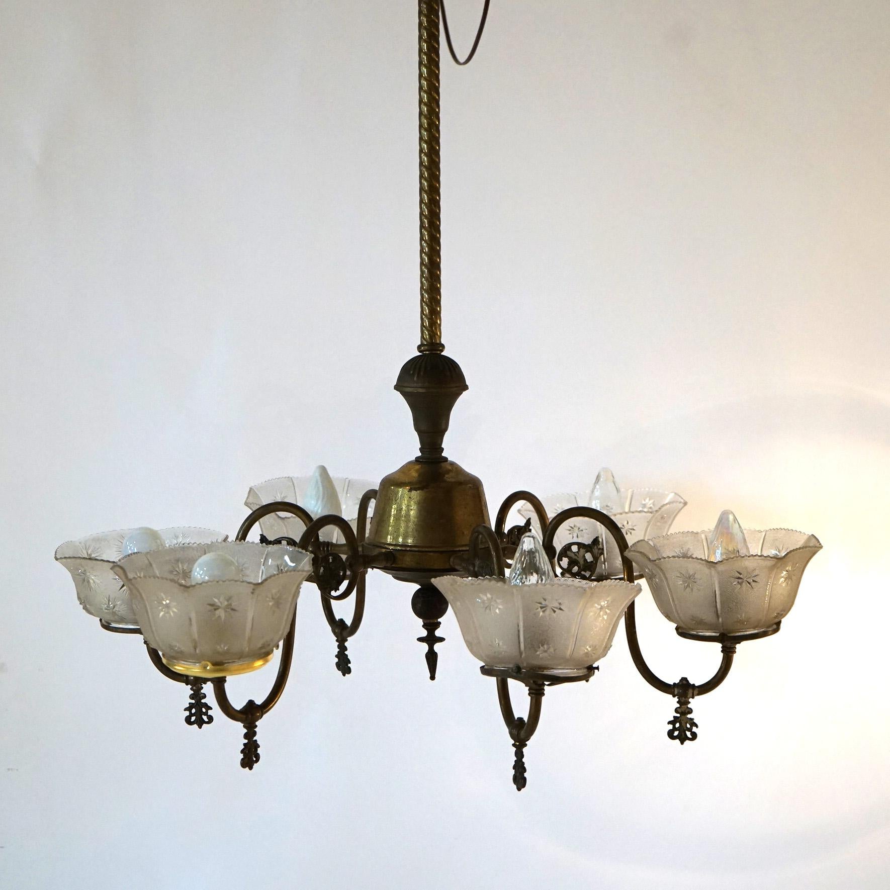 Antique Six Arm Brass Gas Chandelier with Glass Shades, Electrified, Circa 1890 11
