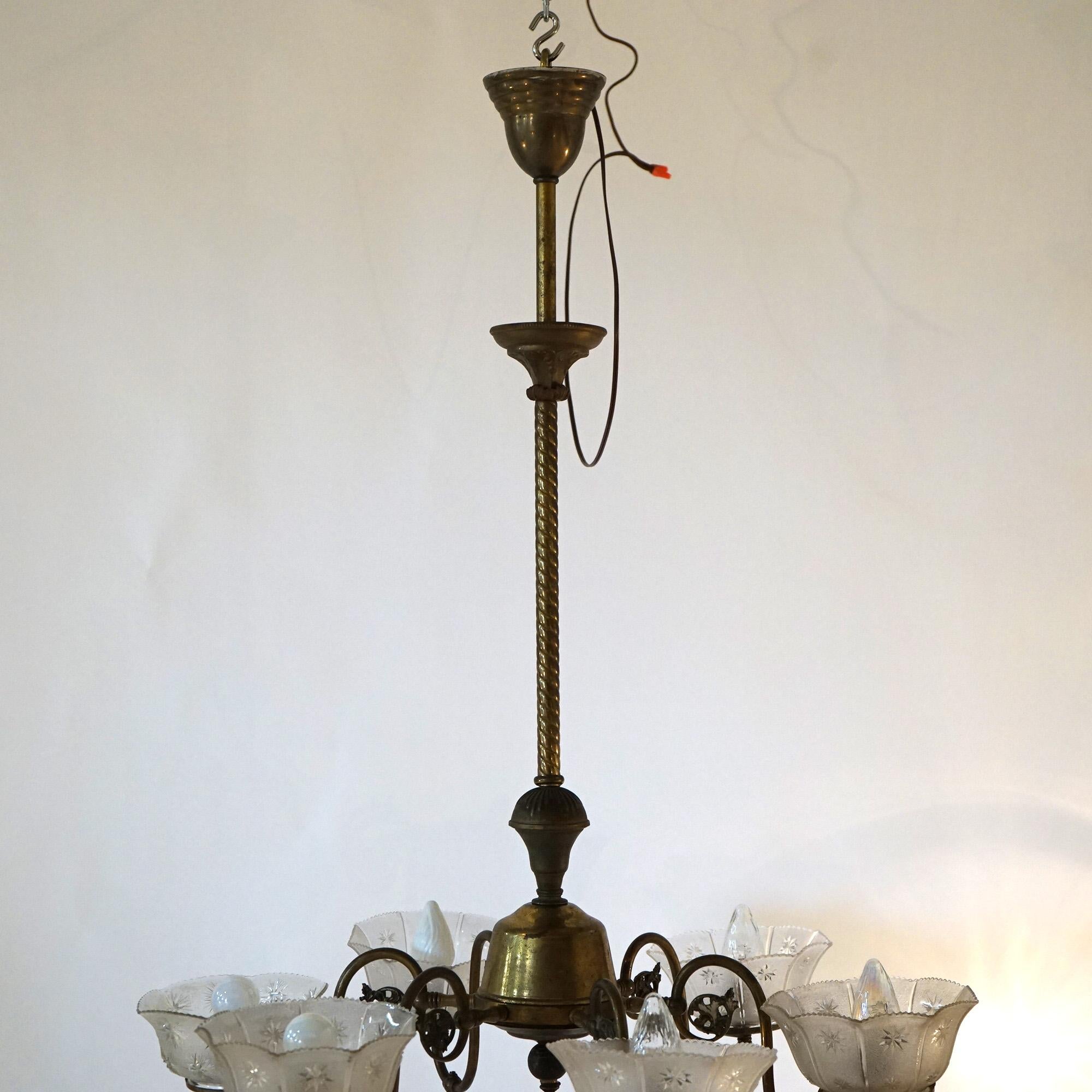 Antique Six Arm Brass Gas Chandelier with Glass Shades, Electrified, Circa 1890 12