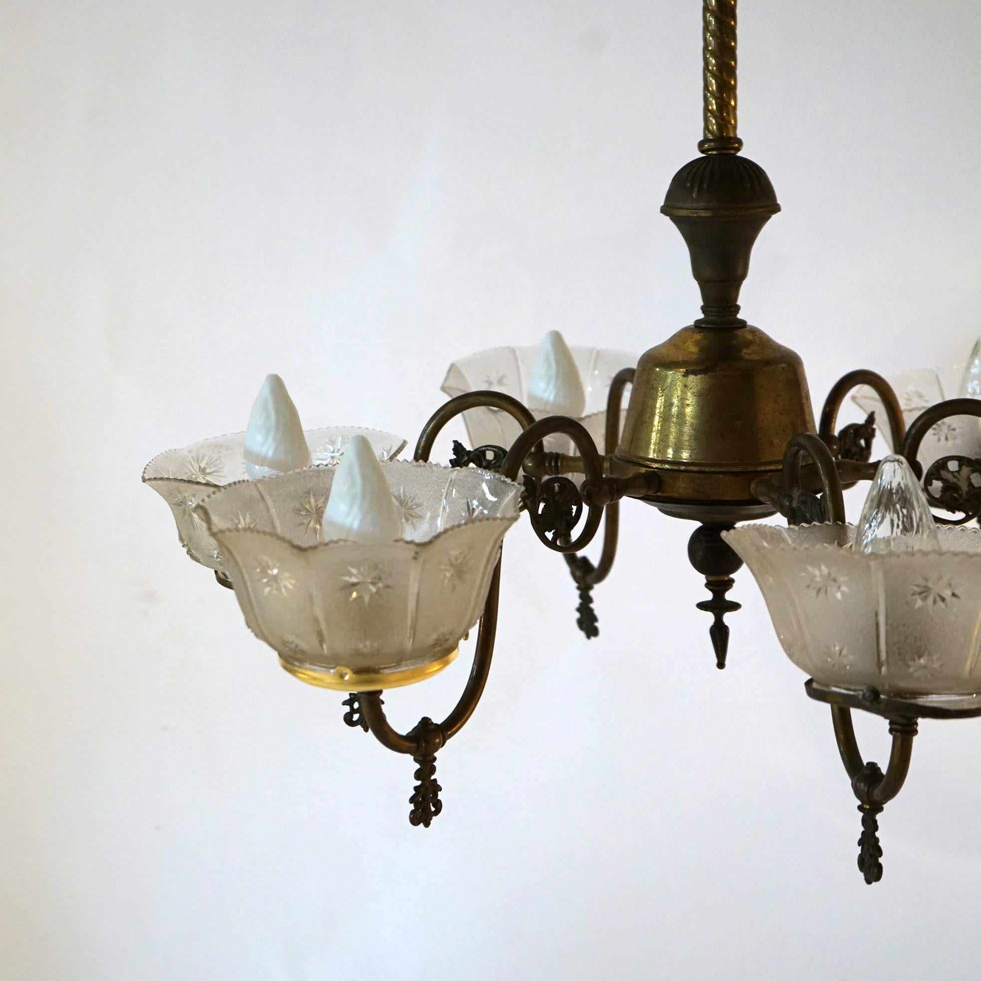Antique Six Arm Brass Gas Chandelier with Glass Shades, Electrified, Circa 1890 13
