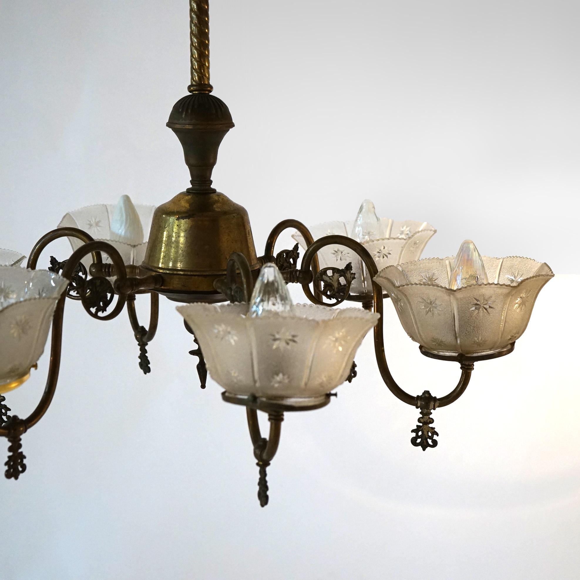 Antique Six Arm Brass Gas Chandelier with Glass Shades, Electrified, Circa 1890 14