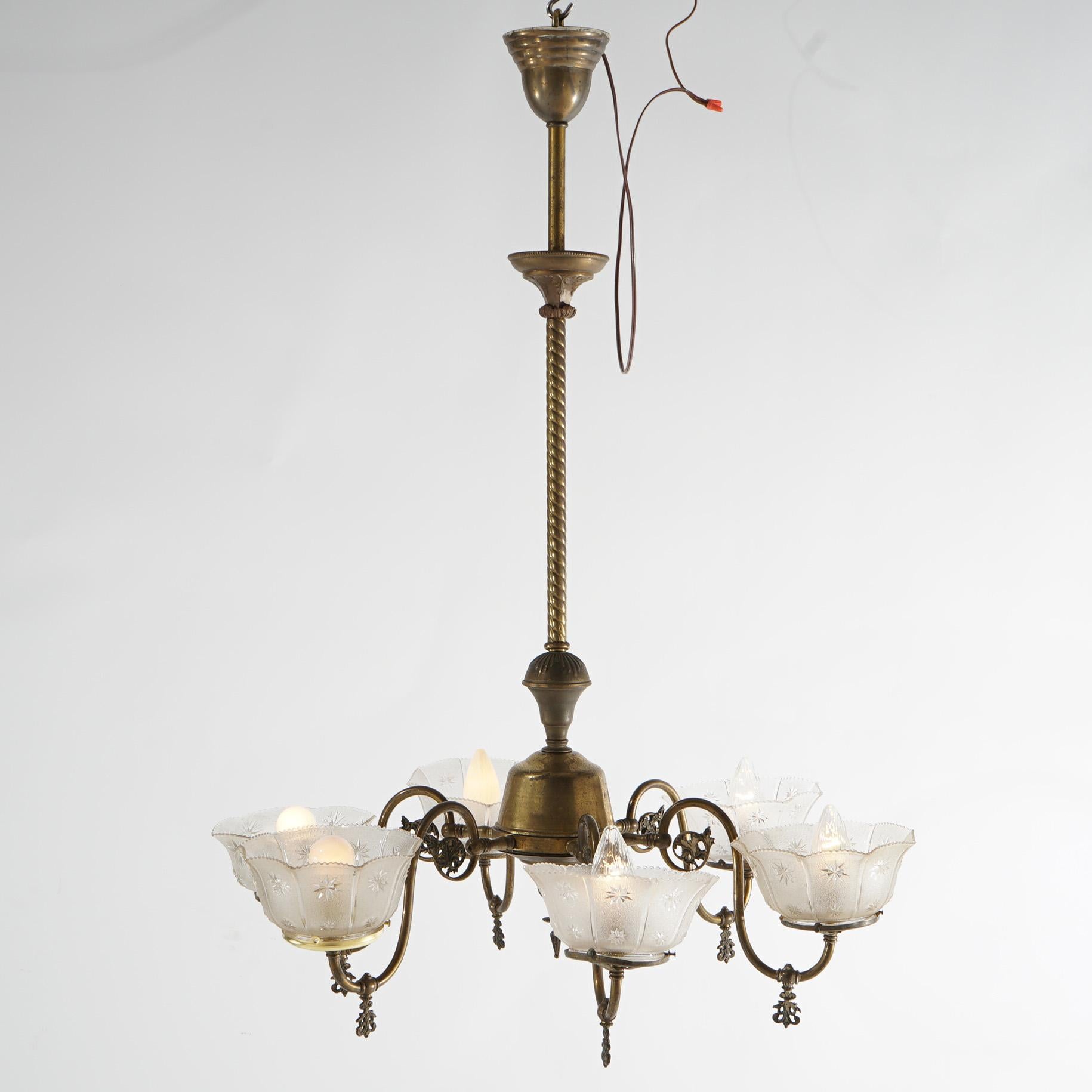 Victorian Antique Six Arm Brass Gas Chandelier with Glass Shades, Electrified, Circa 1890