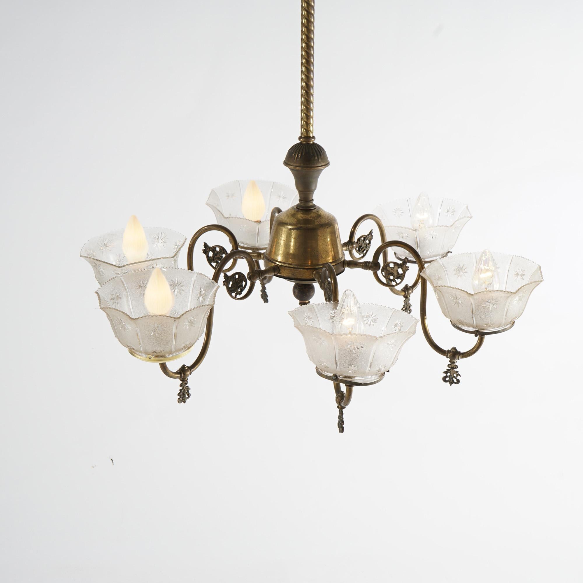 American Antique Six Arm Brass Gas Chandelier with Glass Shades, Electrified, Circa 1890