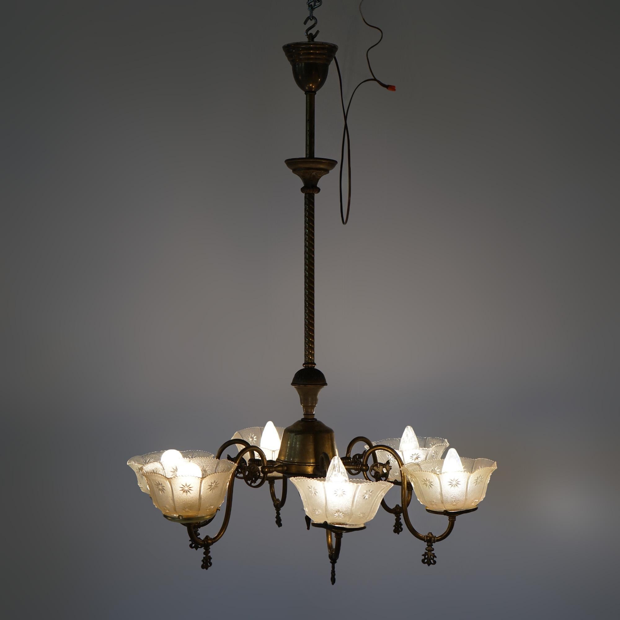 Antique Six Arm Brass Gas Chandelier with Glass Shades, Electrified, Circa 1890 In Good Condition In Big Flats, NY
