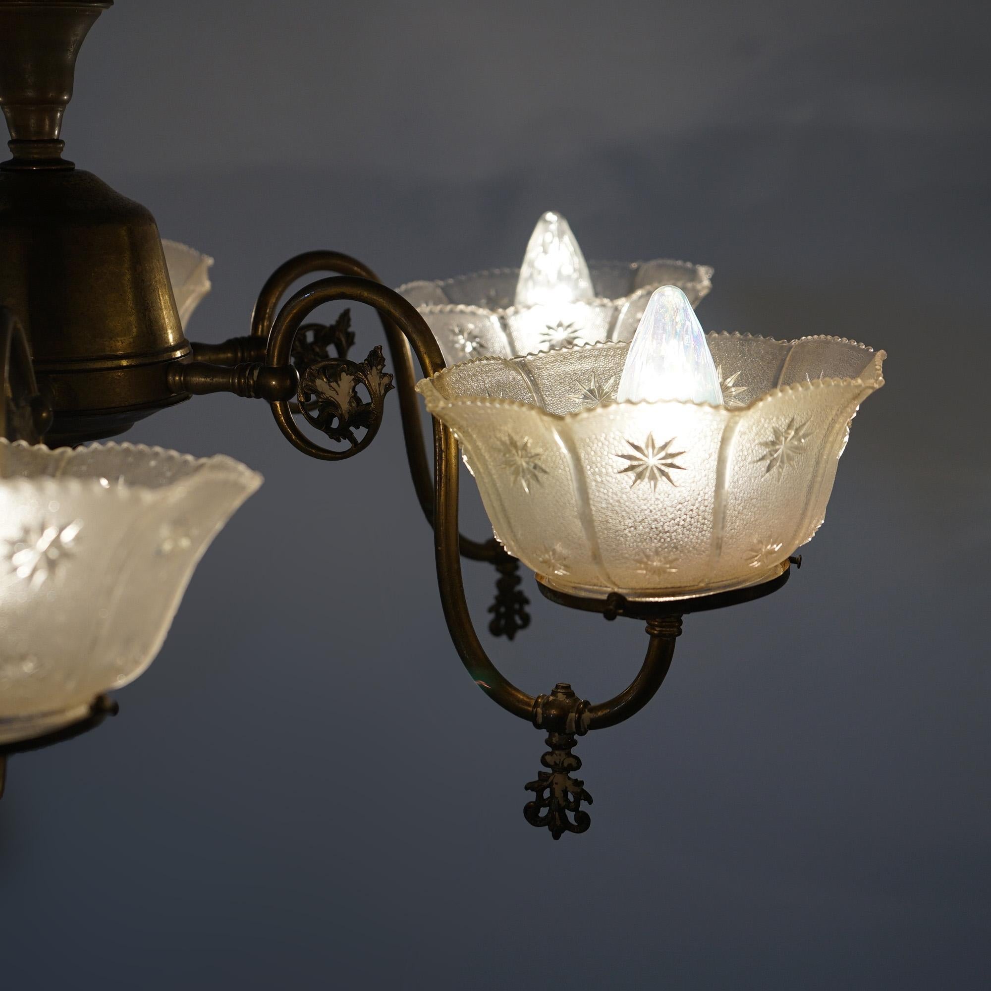 19th Century Antique Six Arm Brass Gas Chandelier with Glass Shades, Electrified, Circa 1890